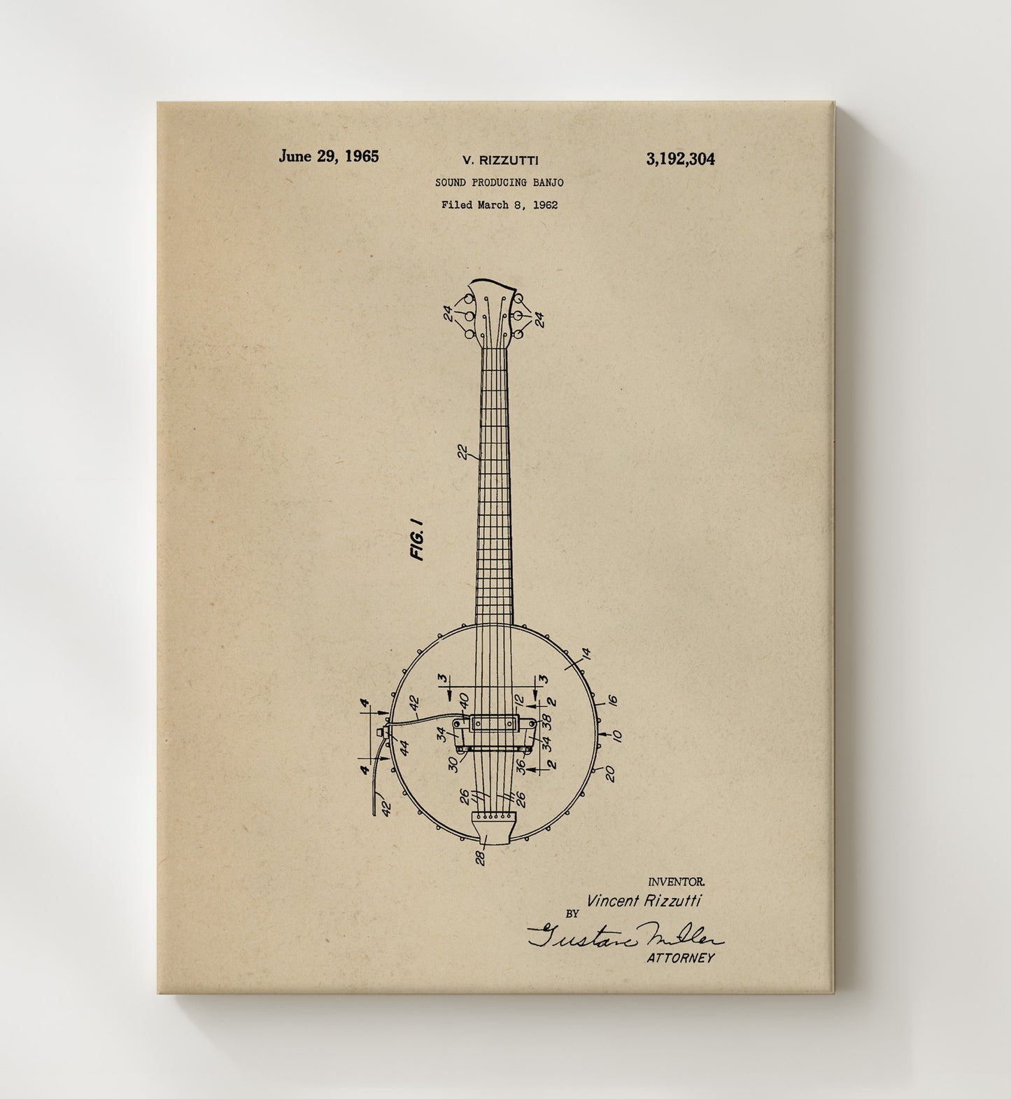 Patent Print - Sound Producing Banjo - Vincent Rizzutti - 1965 - Patent 3192304 Patent Wall Art