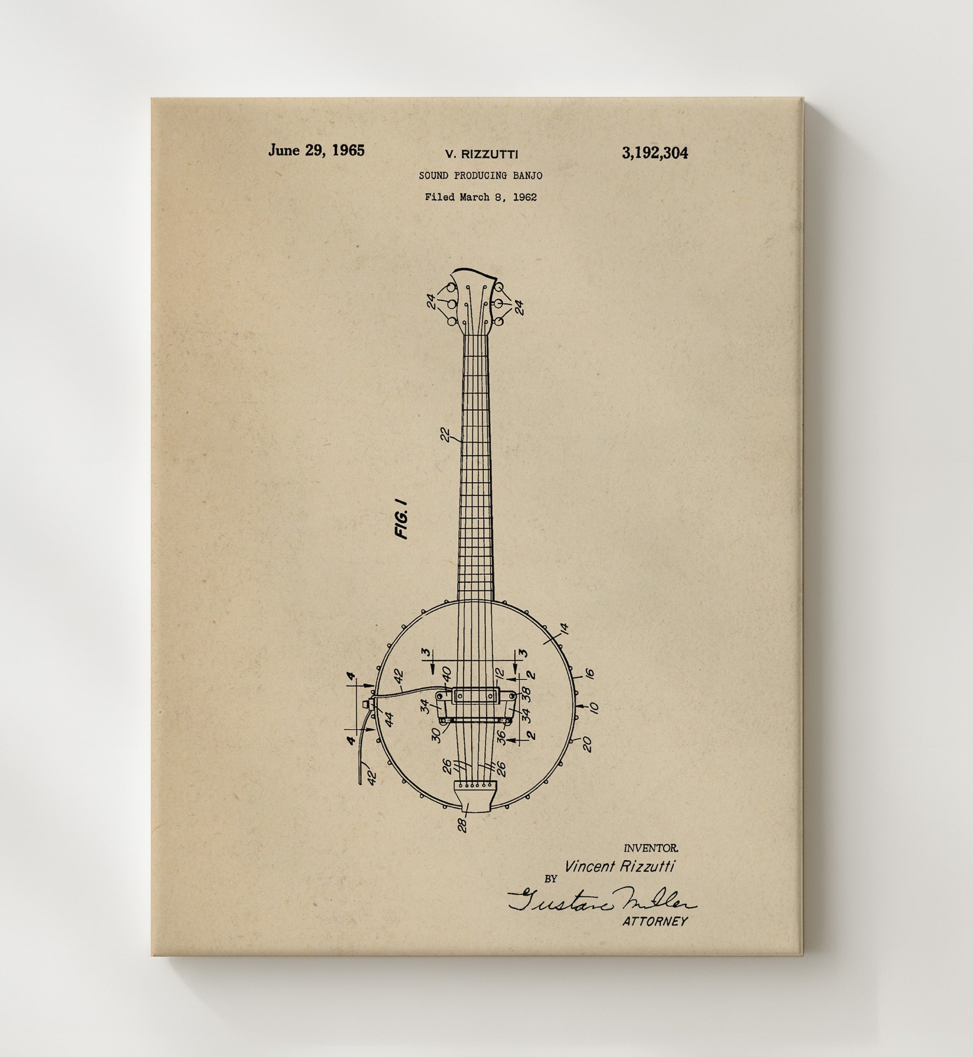 Patent Print - Sound Producing Banjo - Vincent Rizzutti - 1965 - Patent 3192304 Patent Wall Art