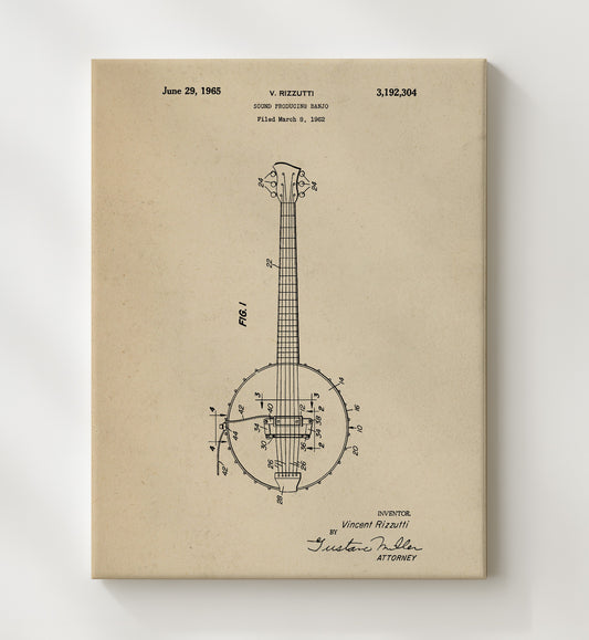 Sound Producing Banjo 1965 patent print wall art 8x10 Canvas