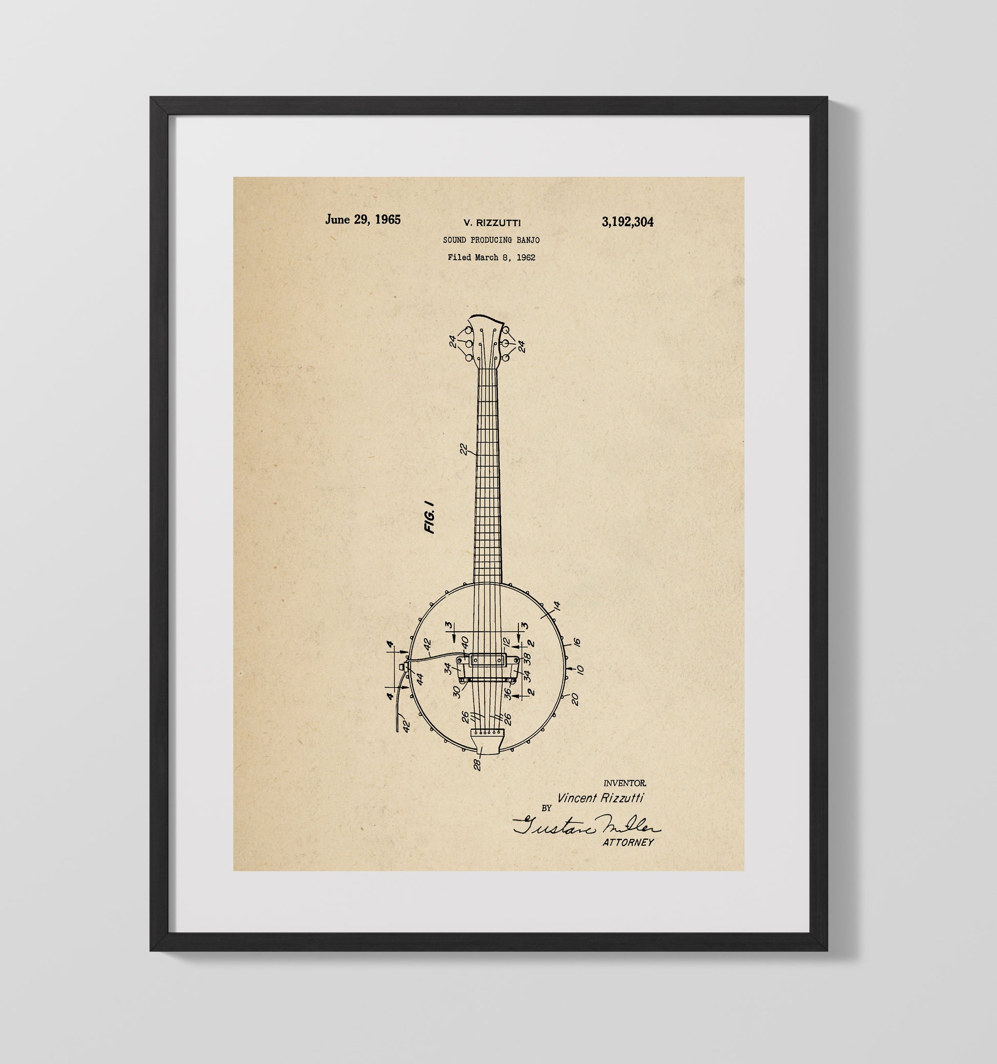 Patent Print - Sound Producing Banjo - Vincent Rizzutti - 1965 - Patent 3192304 Patent Wall Art