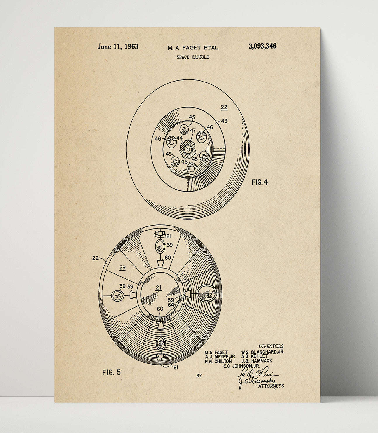 Patent Print - Space Capsule - Maxime A Faget Et Al - 1963 - Patent 3093346 Patent Wall Art