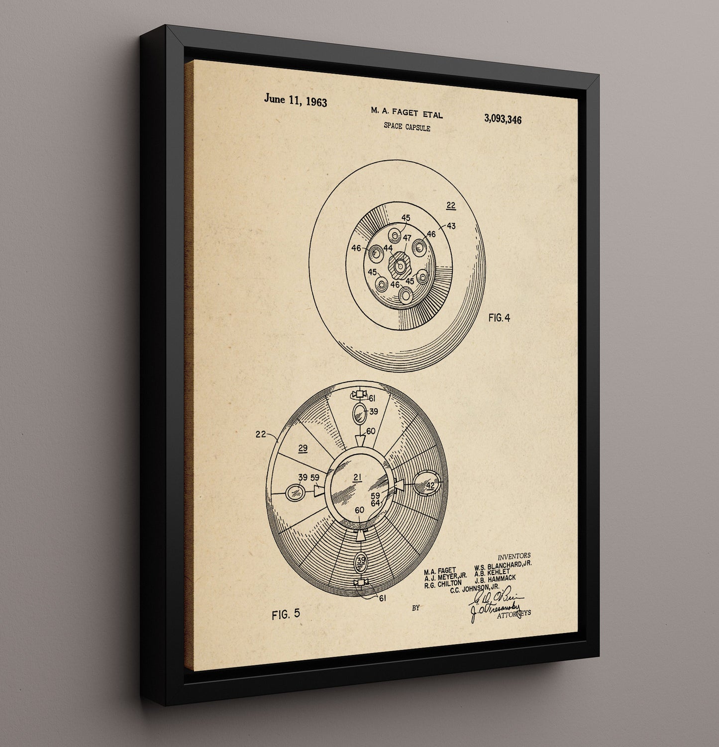Patent Print - Space Capsule - Maxime A Faget Et Al - 1963 - Patent 3093346 Patent Wall Art