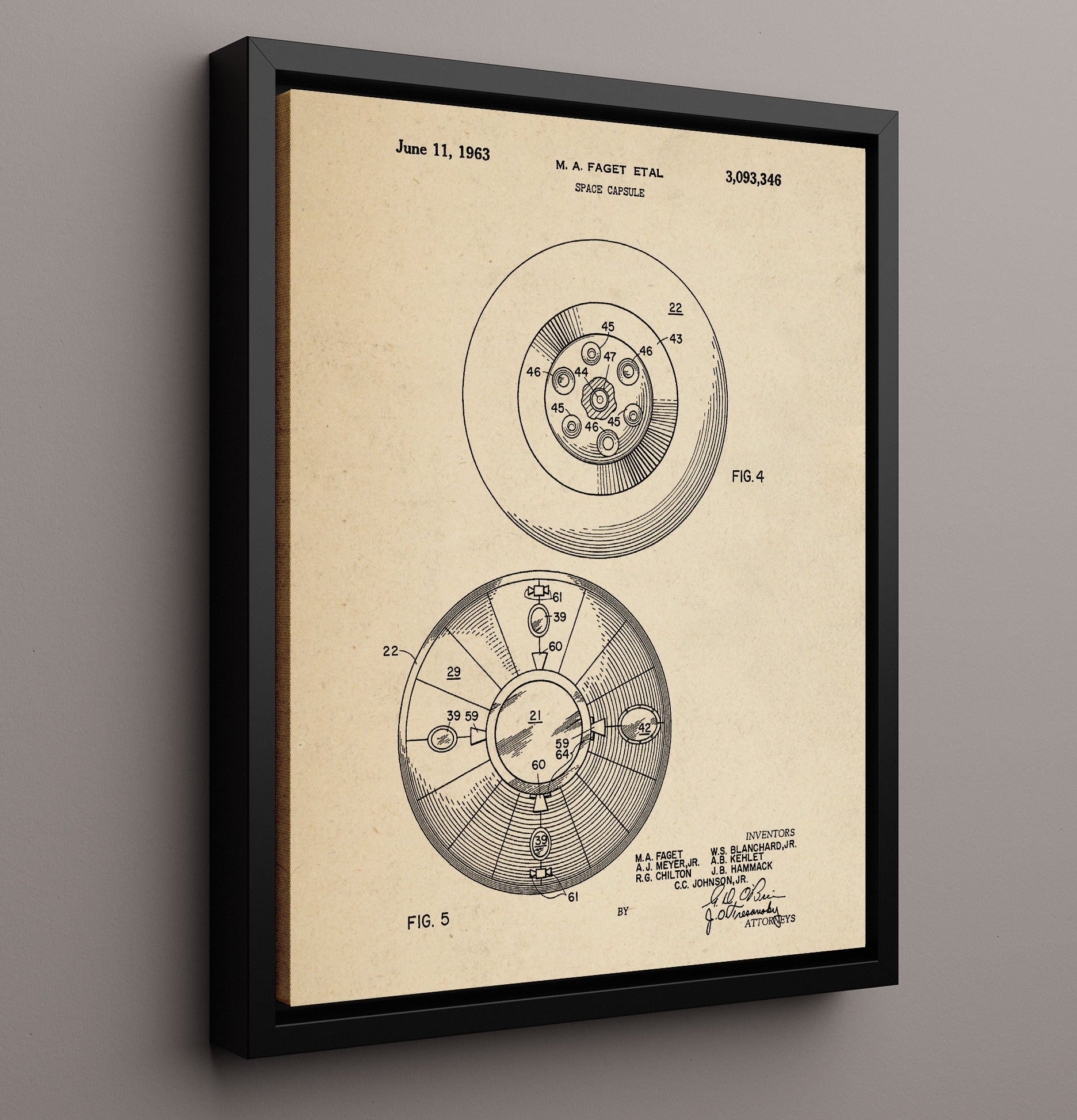 Patent Print - Space Capsule - Maxime A Faget Et Al - 1963 - Patent 3093346 Patent Wall Art