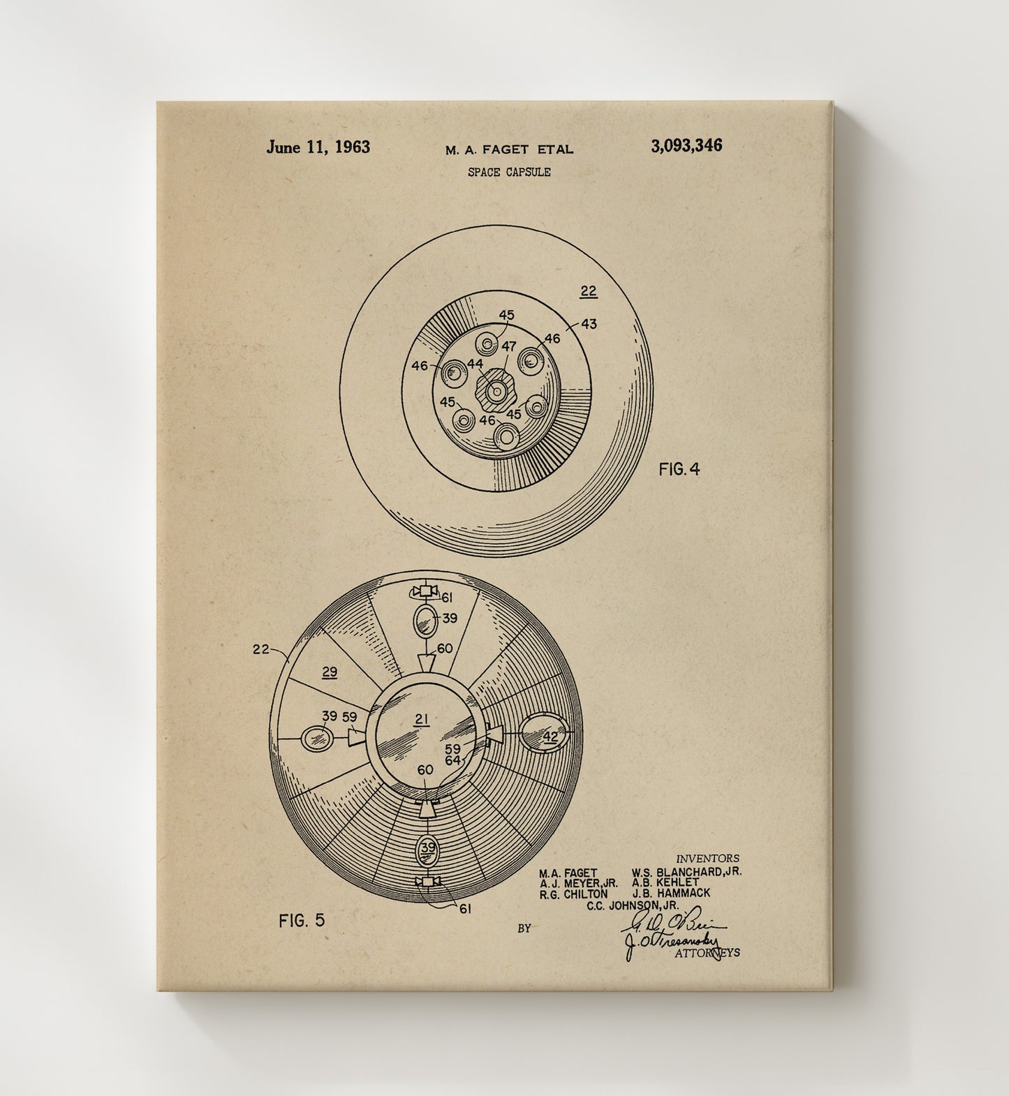 Patent Print - Space Capsule - Maxime A Faget Et Al - 1963 - Patent 3093346 Patent Wall Art