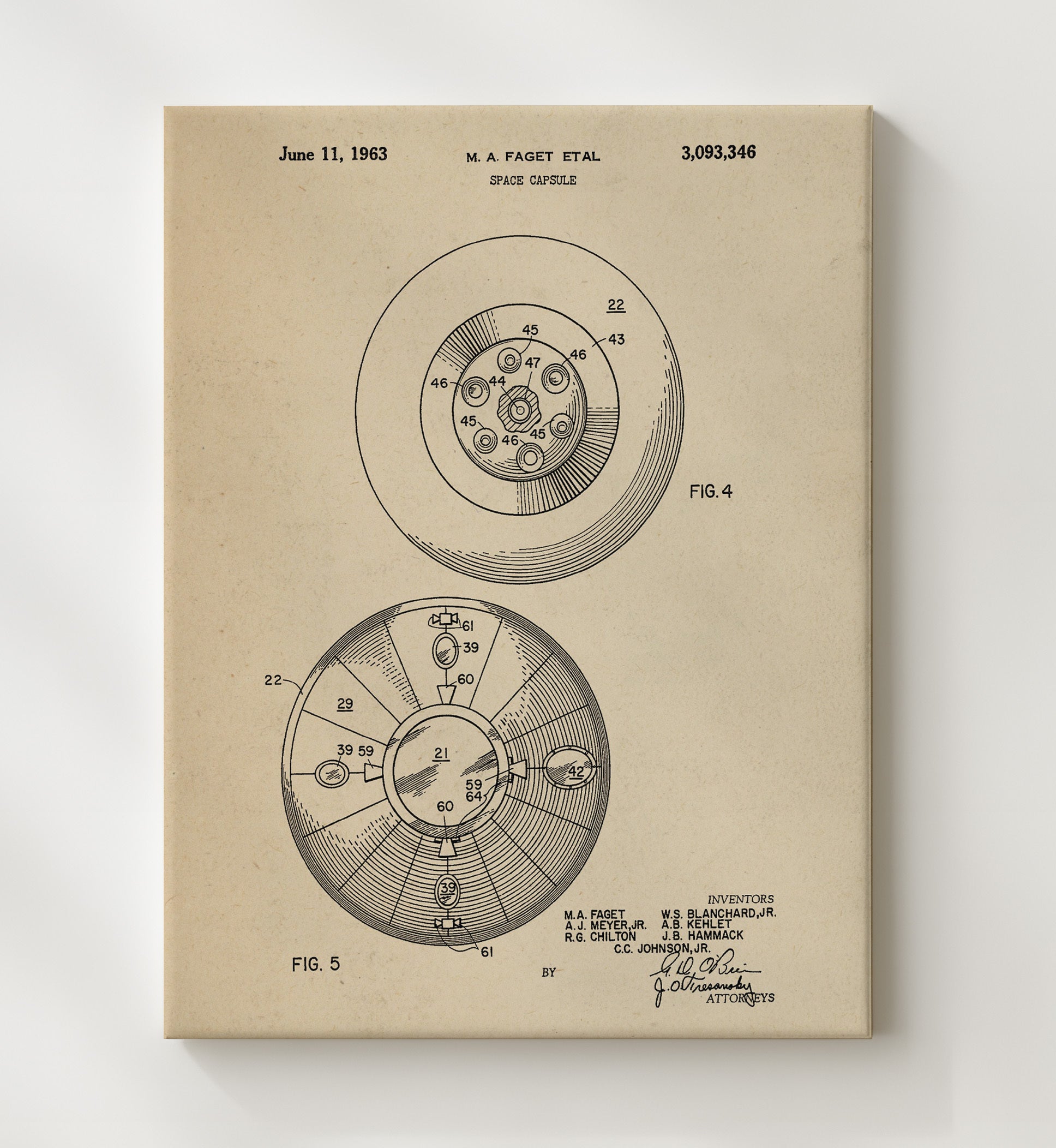 Patent Print - Space Capsule - Maxime A Faget Et Al - 1963 - Patent 3093346 Patent Wall Art