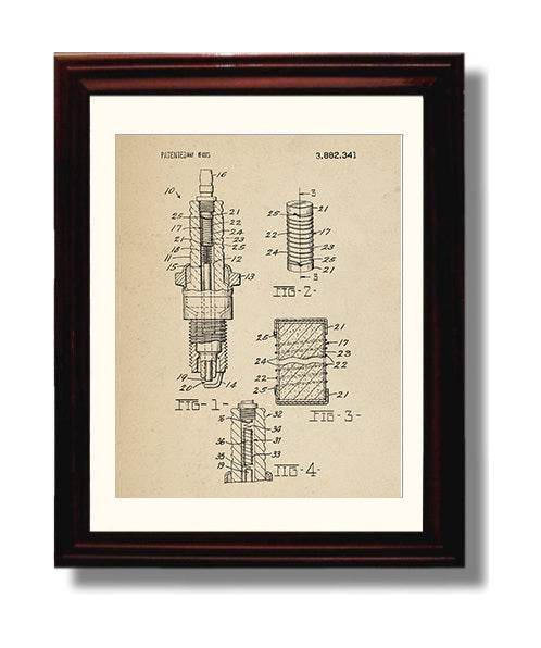 Patent Print - Spark Plug - Unknown Inventor - 1975 - Patent 3882341 Patent Wall Art