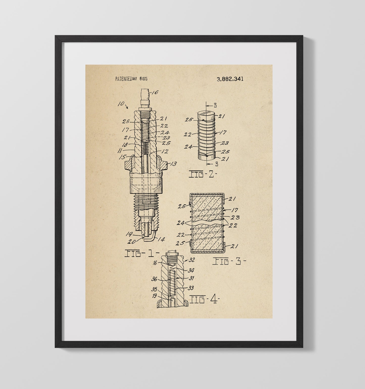 Patent Print - Spark Plug - Unknown Inventor - 1975 - Patent 3882341 Patent Wall Art