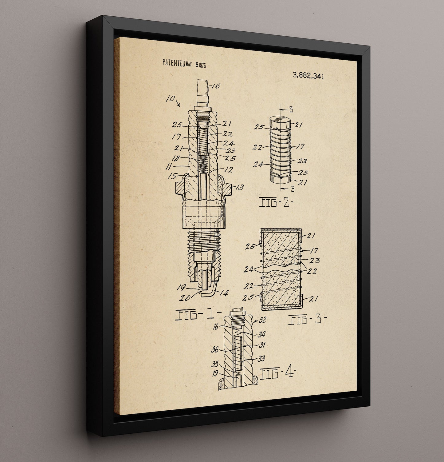 Patent Print - Spark Plug - Unknown Inventor - 1975 - Patent 3882341 Patent Wall Art