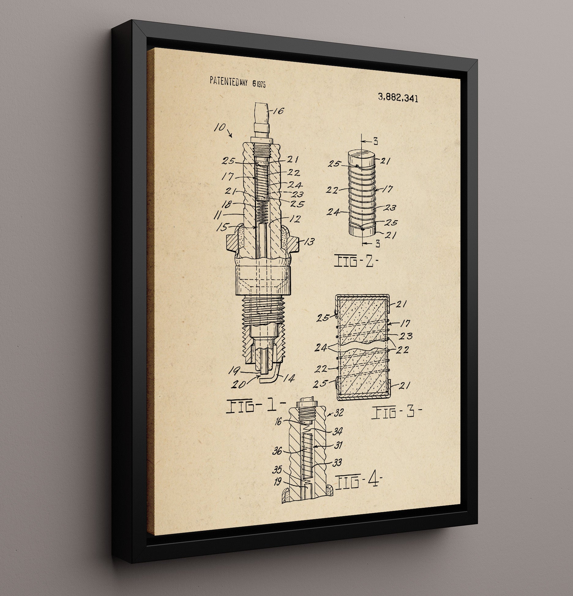 Patent Print - Spark Plug - Unknown Inventor - 1975 - Patent 3882341 Patent Wall Art