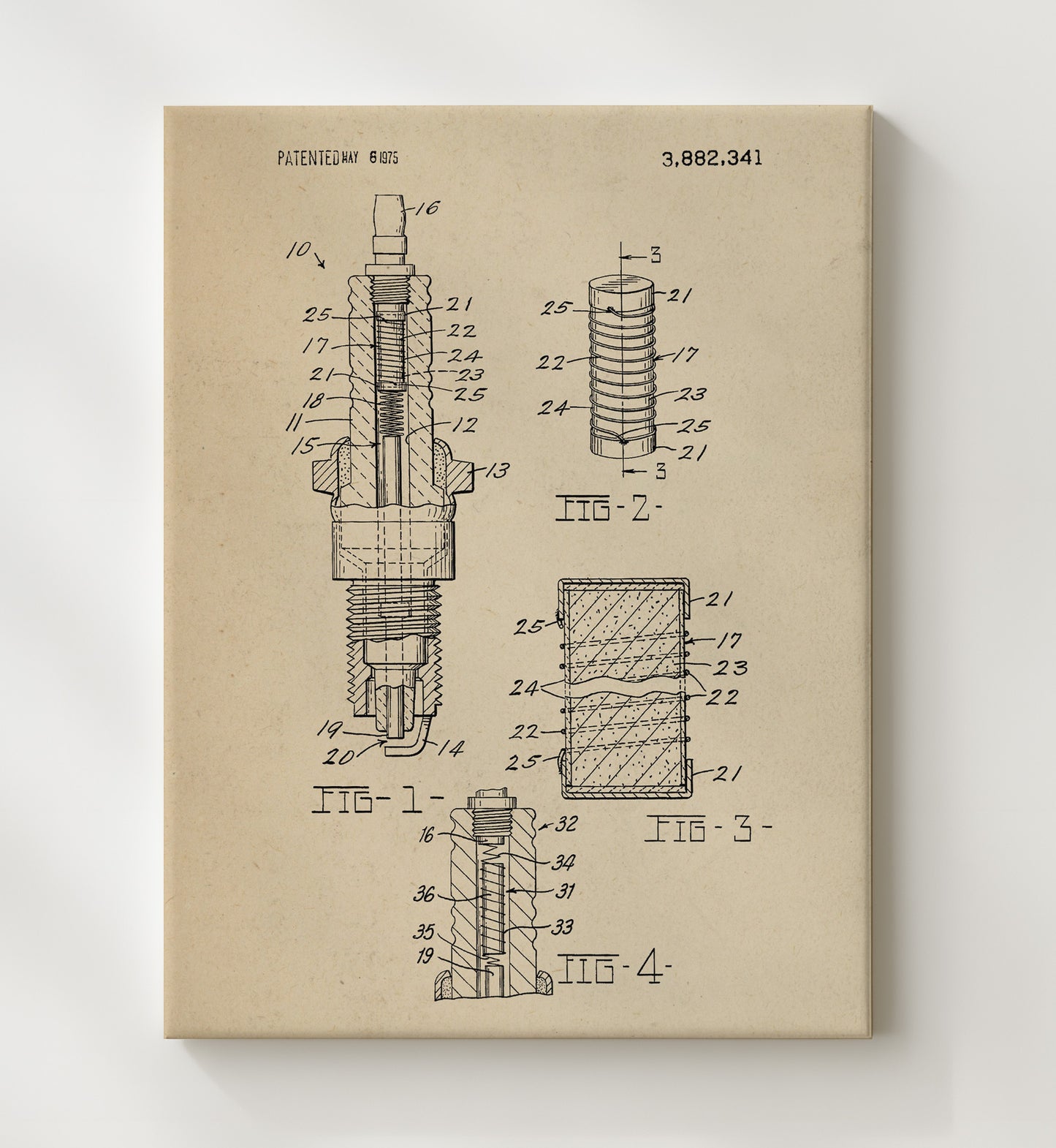 Patent Print - Spark Plug - Unknown Inventor - 1975 - Patent 3882341 Patent Wall Art