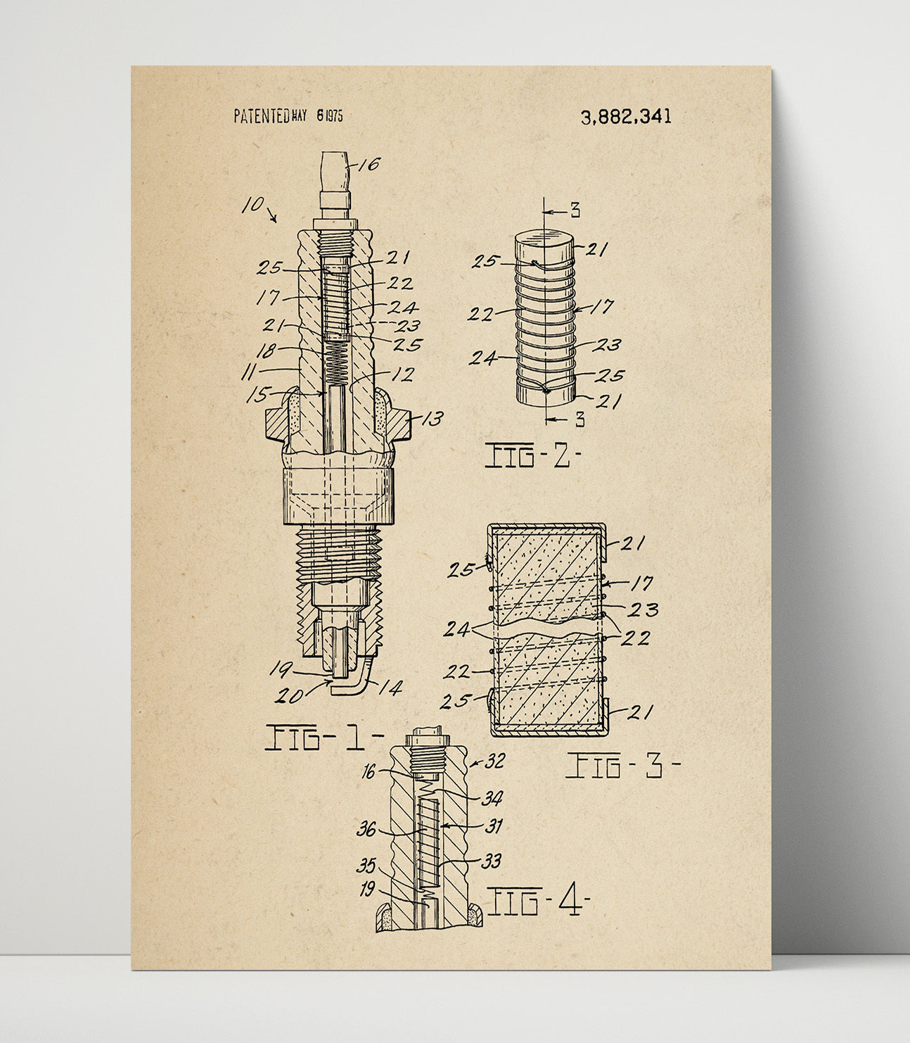 Patent Print - Spark Plug - Unknown Inventor - 1975 - Patent 3882341 Patent Wall Art