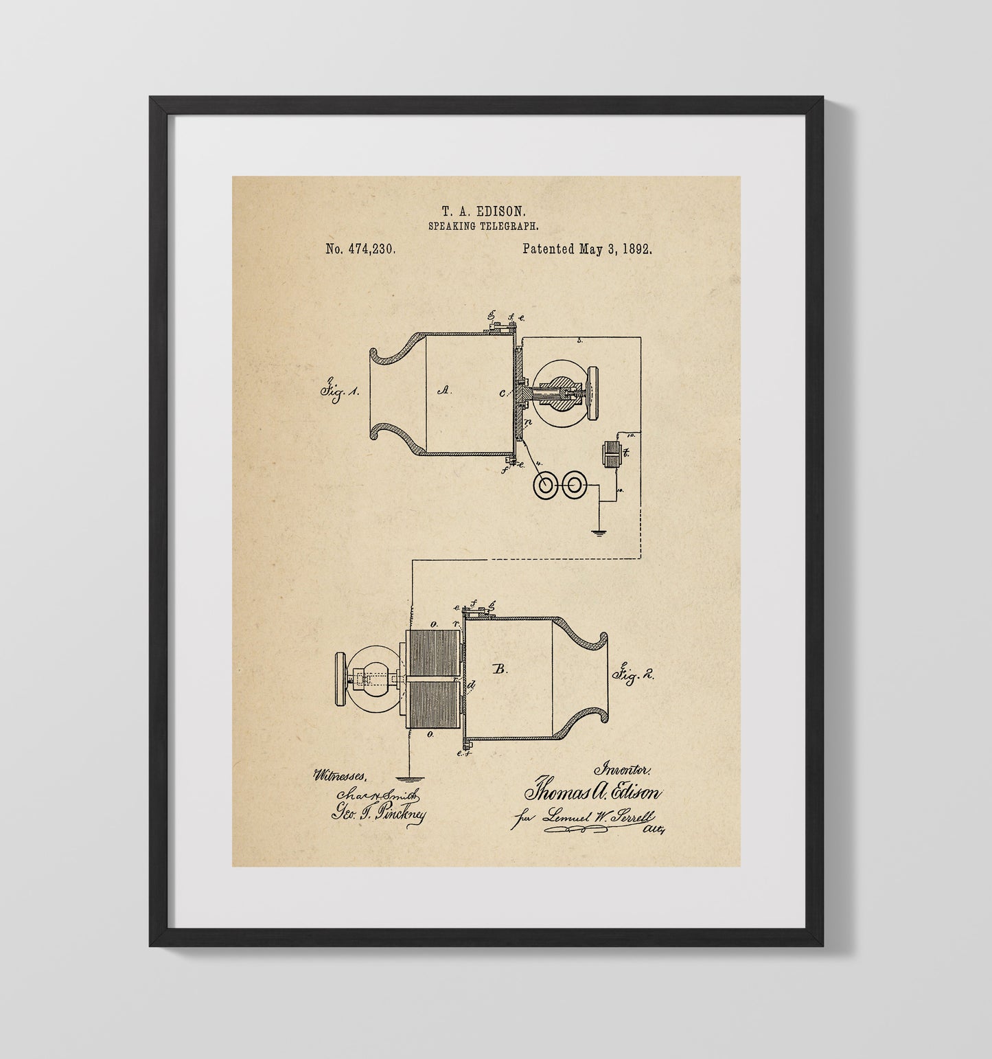 Patent Print - Speaking Telegraph - Thomas Edison - 1892 - Patent 474230 Patent Wall Art