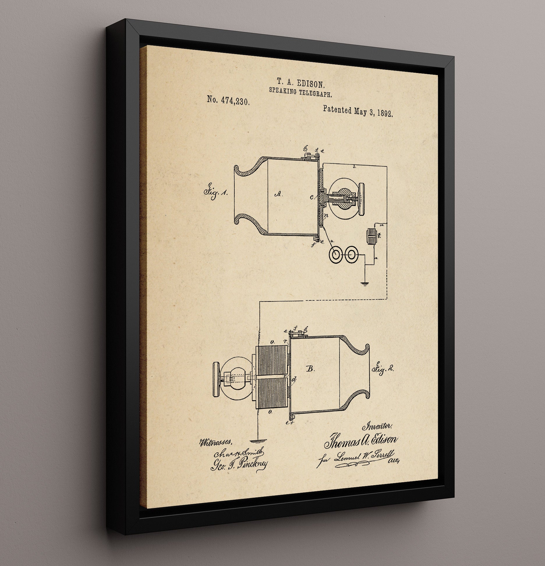 Patent Print - Speaking Telegraph - Thomas Edison - 1892 - Patent 474230 Patent Wall Art