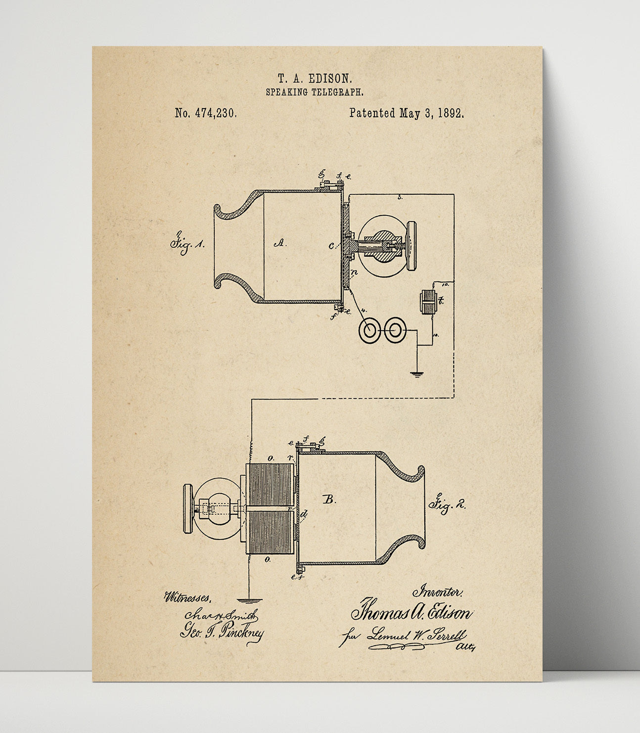 Patent Print - Speaking Telegraph - Thomas Edison - 1892 - Patent 474230 Patent Wall Art