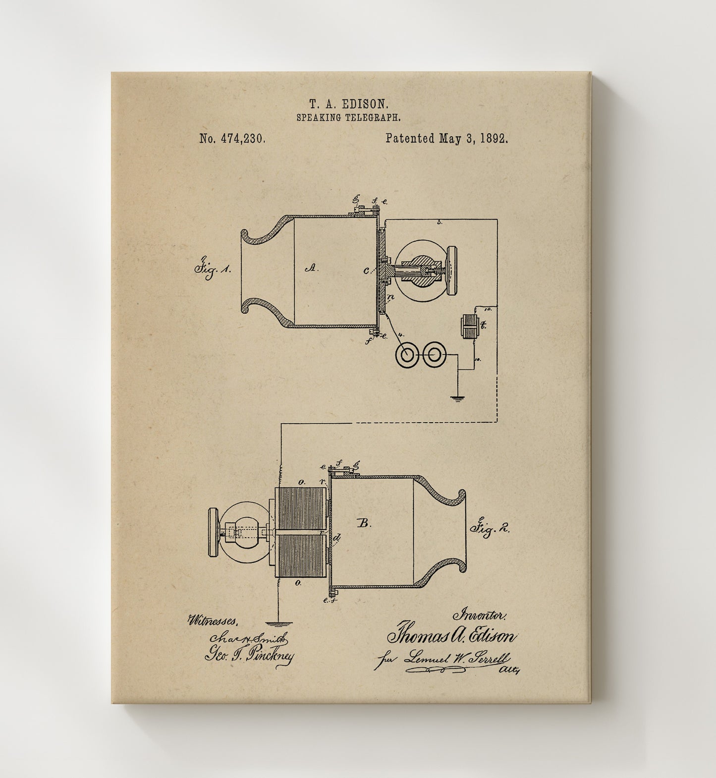 Patent Print - Speaking Telegraph - Thomas Edison - 1892 - Patent 474230 Patent Wall Art