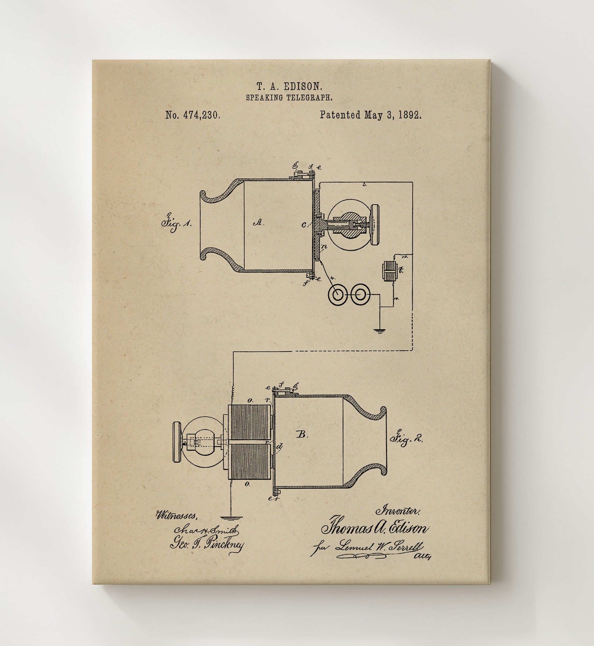 Patent Print - Speaking Telegraph - Thomas Edison - 1892 - Patent 474230 Patent Wall Art