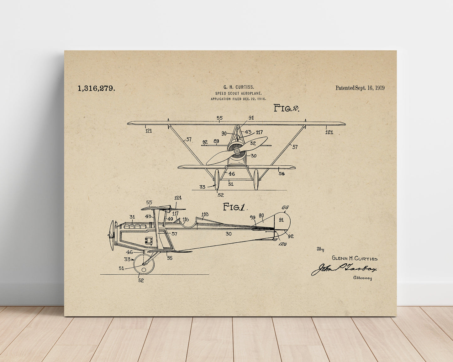 Patent Print - Speed Scout Aeroplane - Glenn H Curtiss - 1919 - Patent 1316279 - Landscape Patent Wall Art