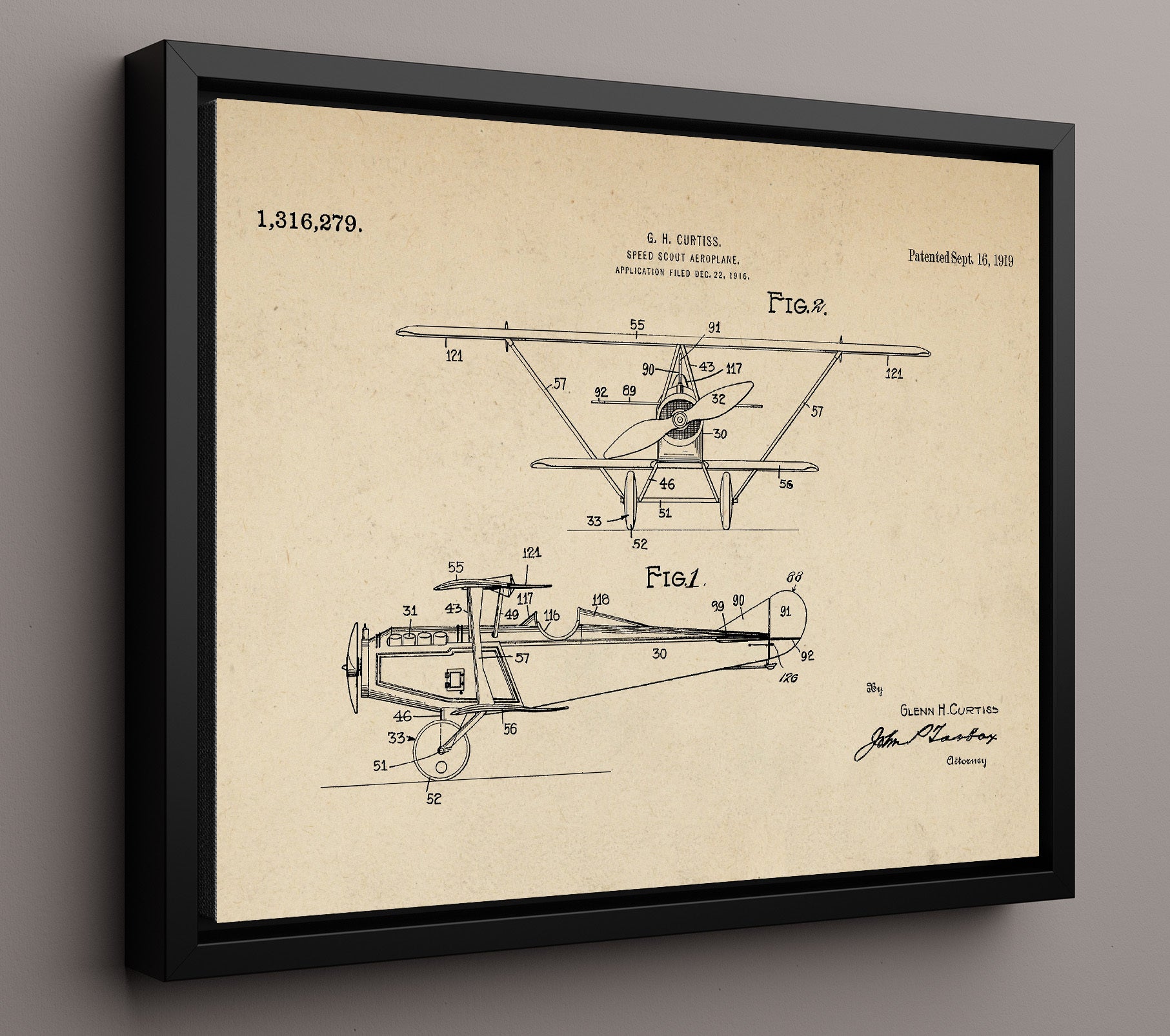 Patent Print - Speed Scout Aeroplane - Glenn H Curtiss - 1919 - Patent 1316279 - Landscape Patent Wall Art