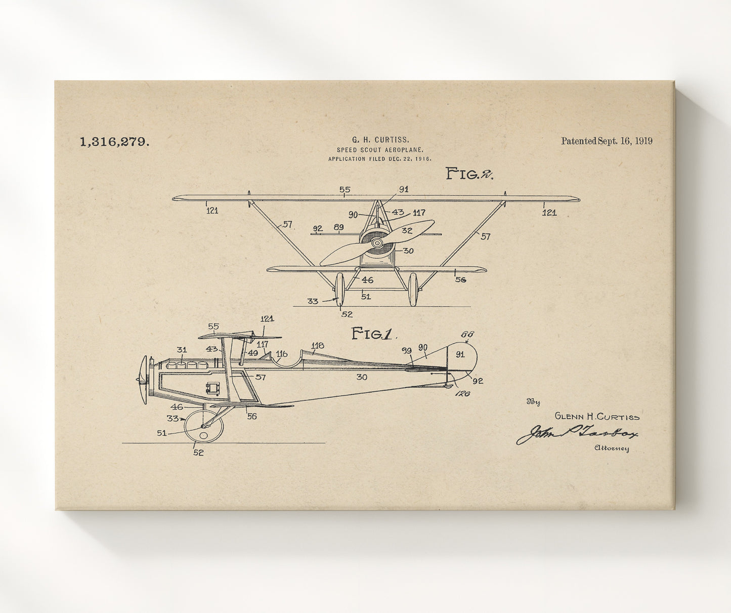 Patent Print - Speed Scout Aeroplane - Glenn H Curtiss - 1919 - Patent 1316279 - Landscape Patent Wall Art