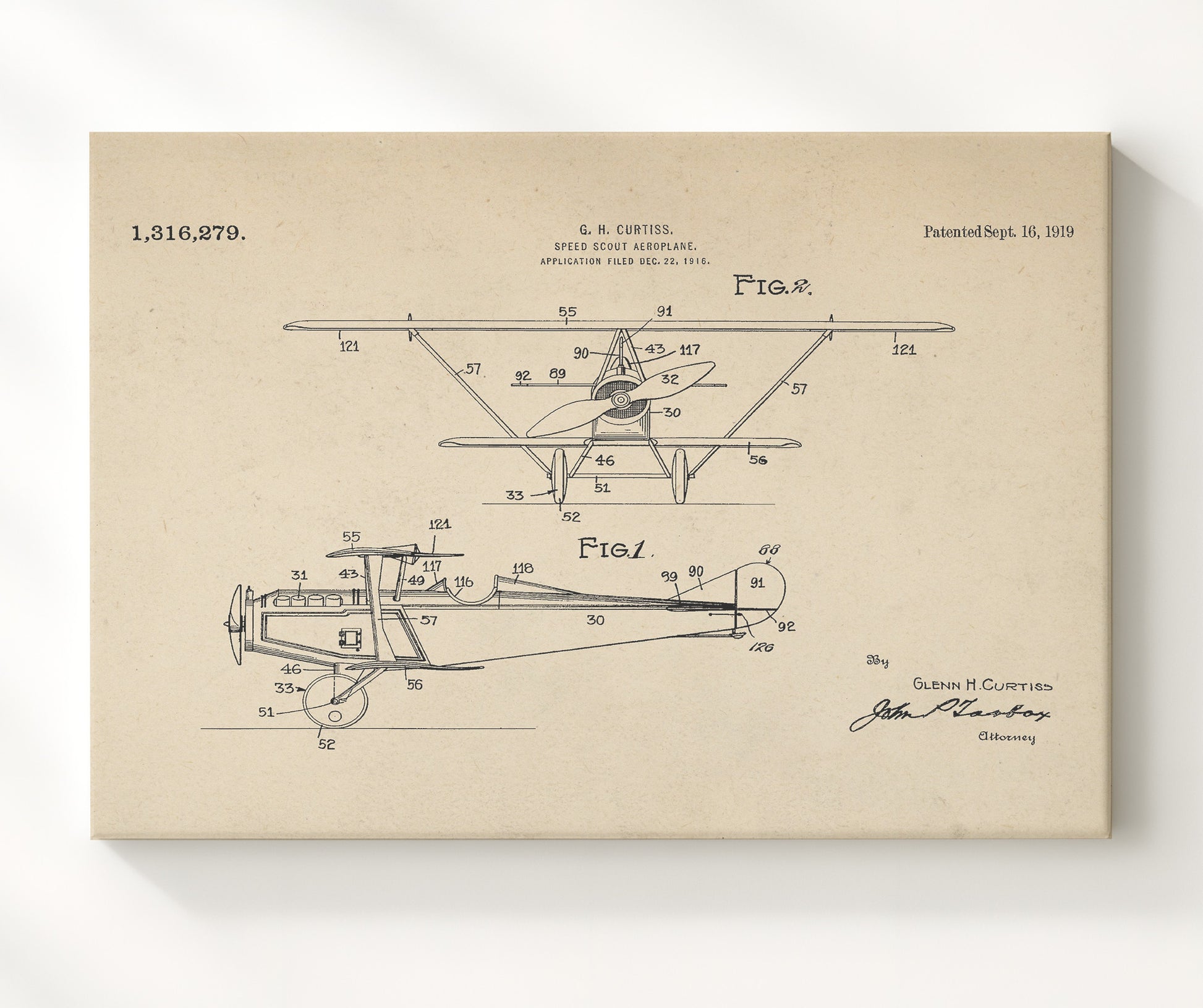 Patent Print - Speed Scout Aeroplane - Glenn H Curtiss - 1919 - Patent 1316279 - Landscape Patent Wall Art