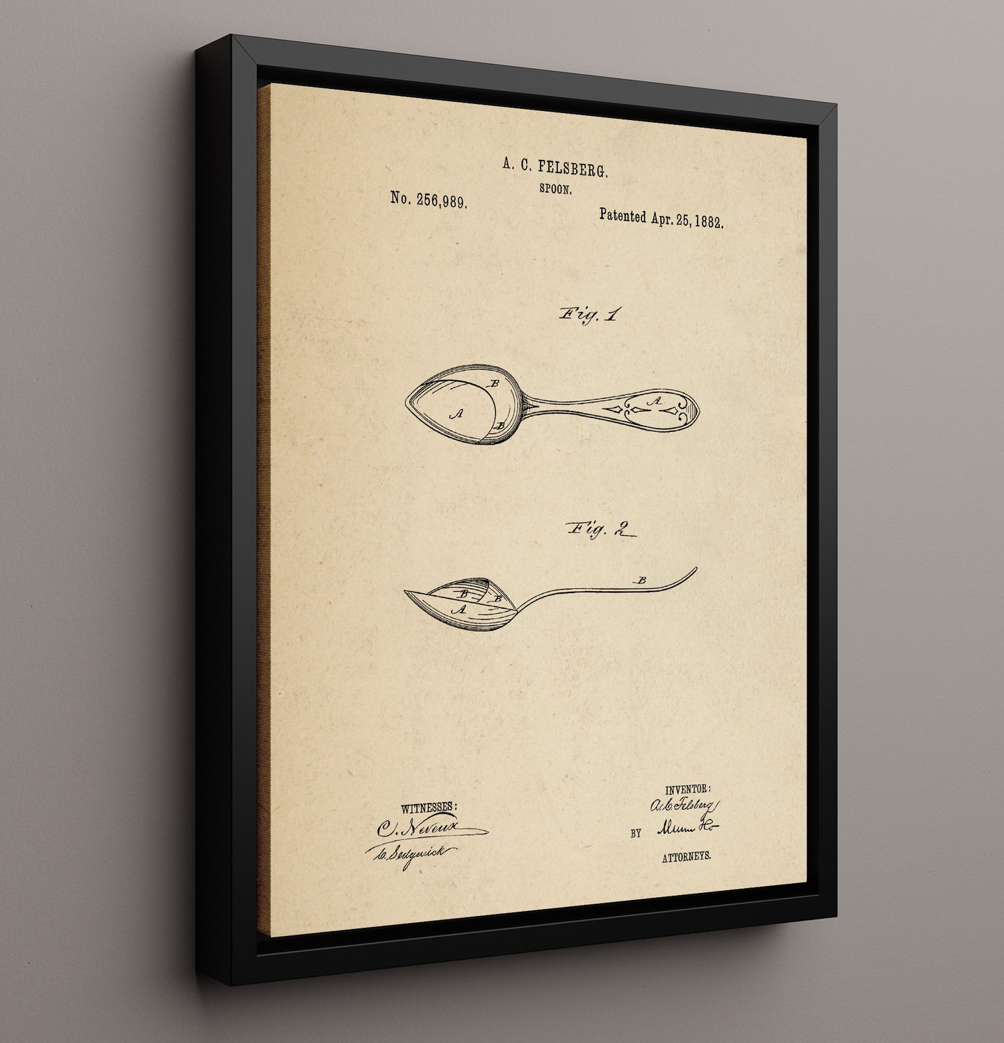 Patent Print - Spoon - A.C. Felsberg - 1882 - Patent 256989 Patent Wall Art