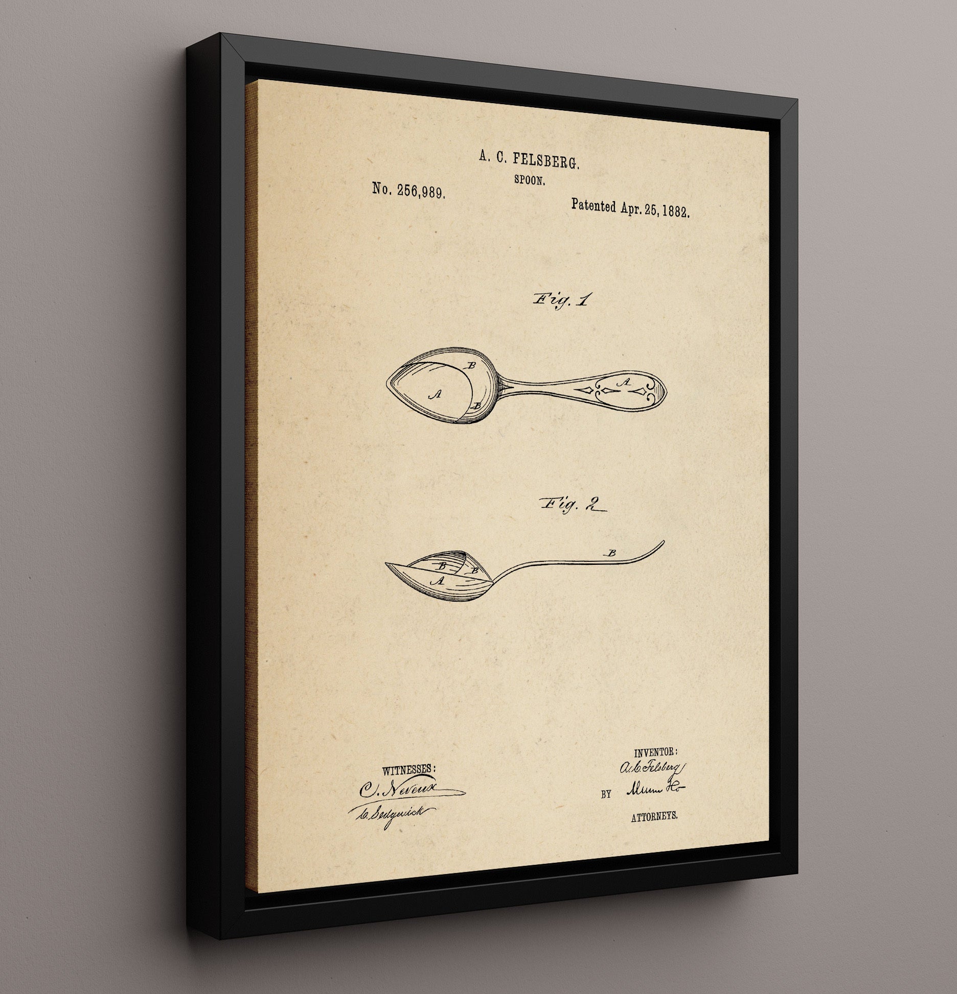 Patent Print - Spoon - A.C. Felsberg - 1882 - Patent 256989 Patent Wall Art