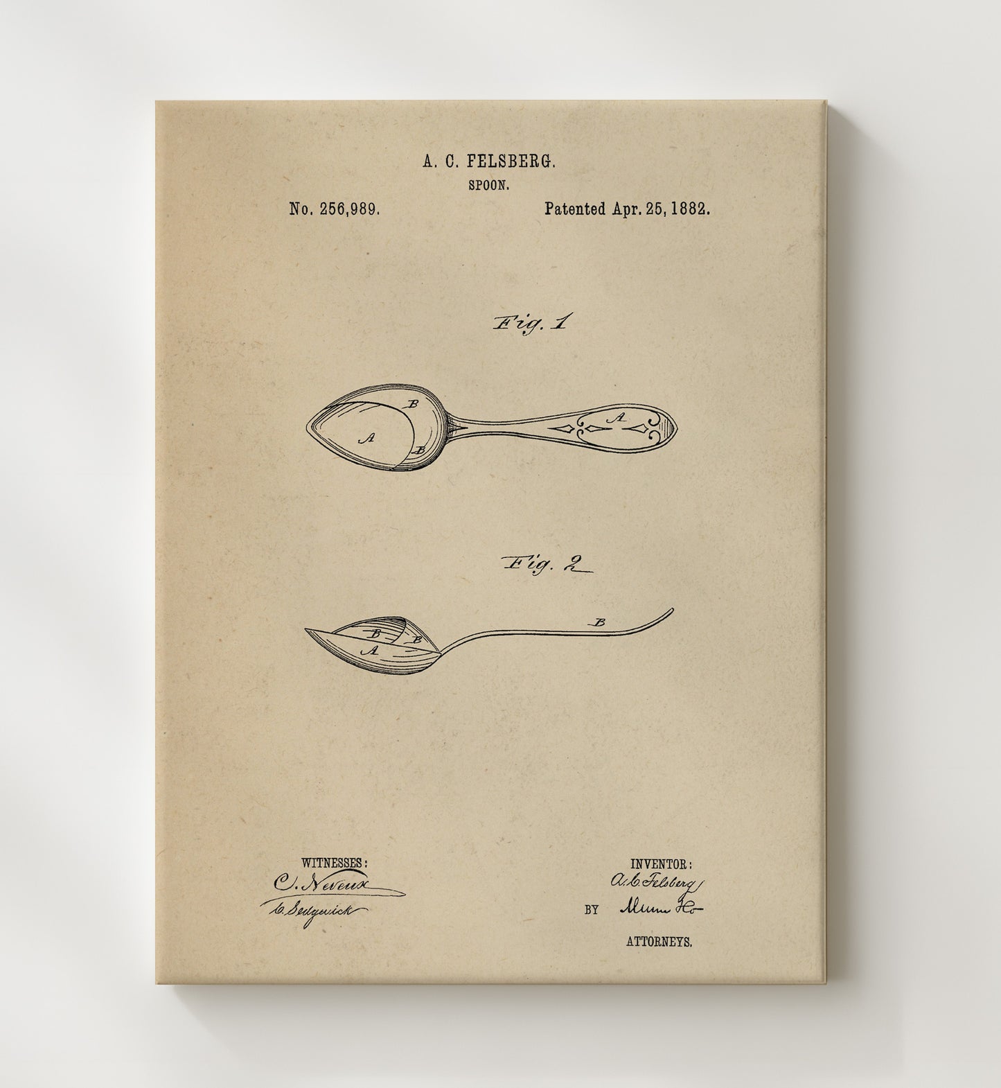 Patent Print - Spoon - A.C. Felsberg - 1882 - Patent 256989 Patent Wall Art