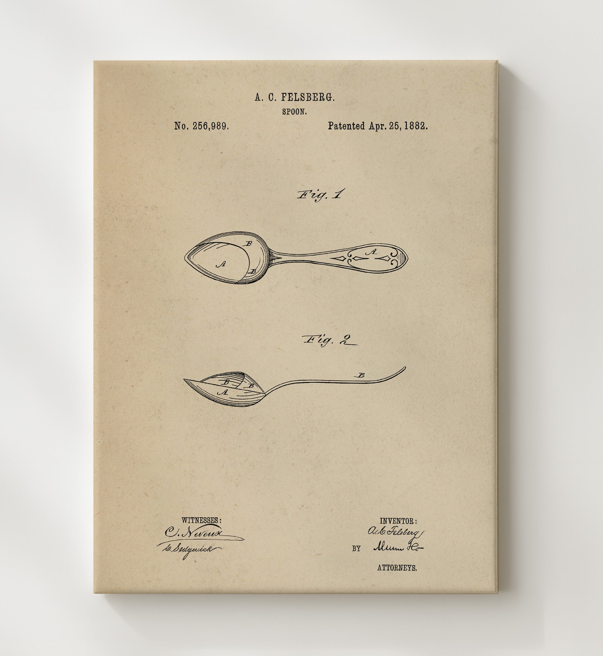 Patent Print - Spoon - A.C. Felsberg - 1882 - Patent 256989 Patent Wall Art