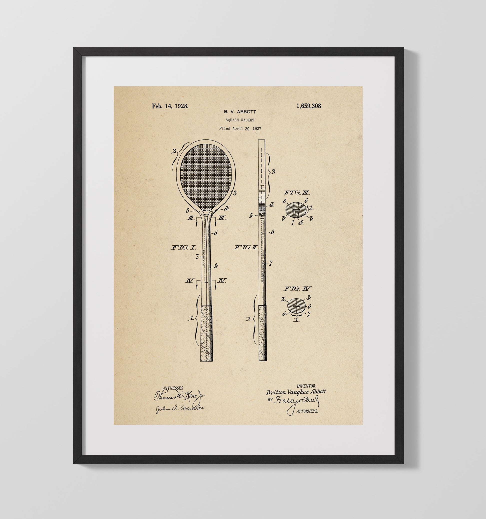 Patent Print - Squash Racket - B V Abbott - 1928 - Patent 1659308 Patent Wall Art