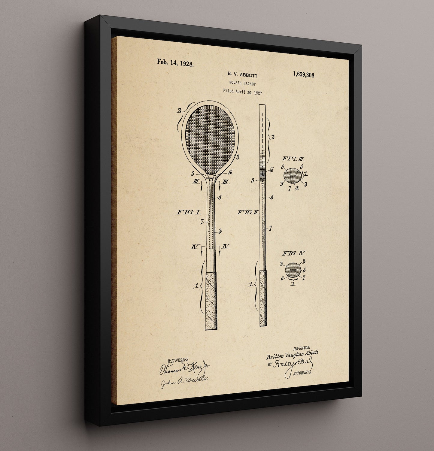 Patent Print - Squash Racket - B V Abbott - 1928 - Patent 1659308 Patent Wall Art