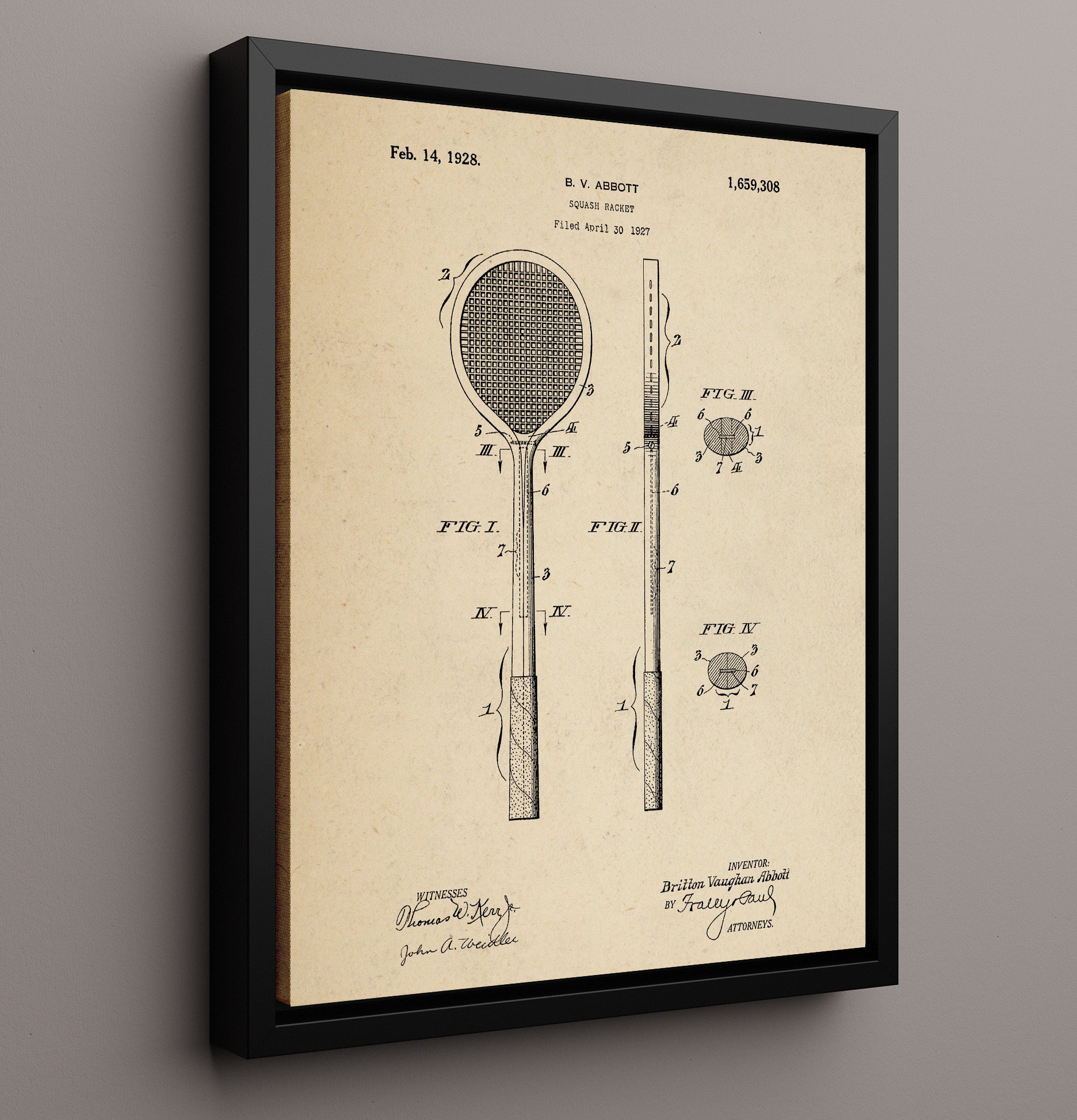 Patent Print - Squash Racket - B V Abbott - 1928 - Patent 1659308 Patent Wall Art