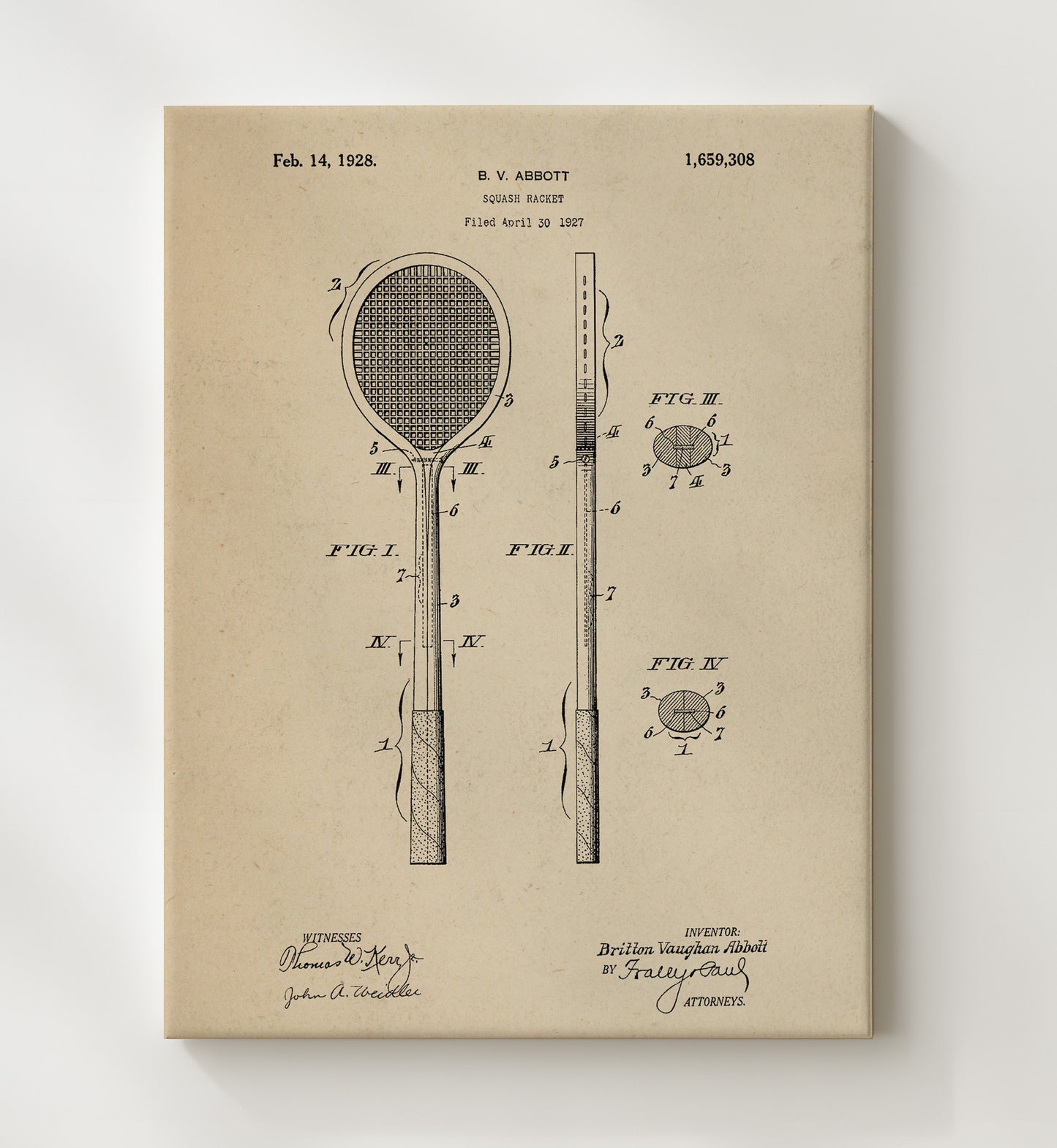 Patent Print - Squash Racket - B V Abbott - 1928 - Patent 1659308 Patent Wall Art