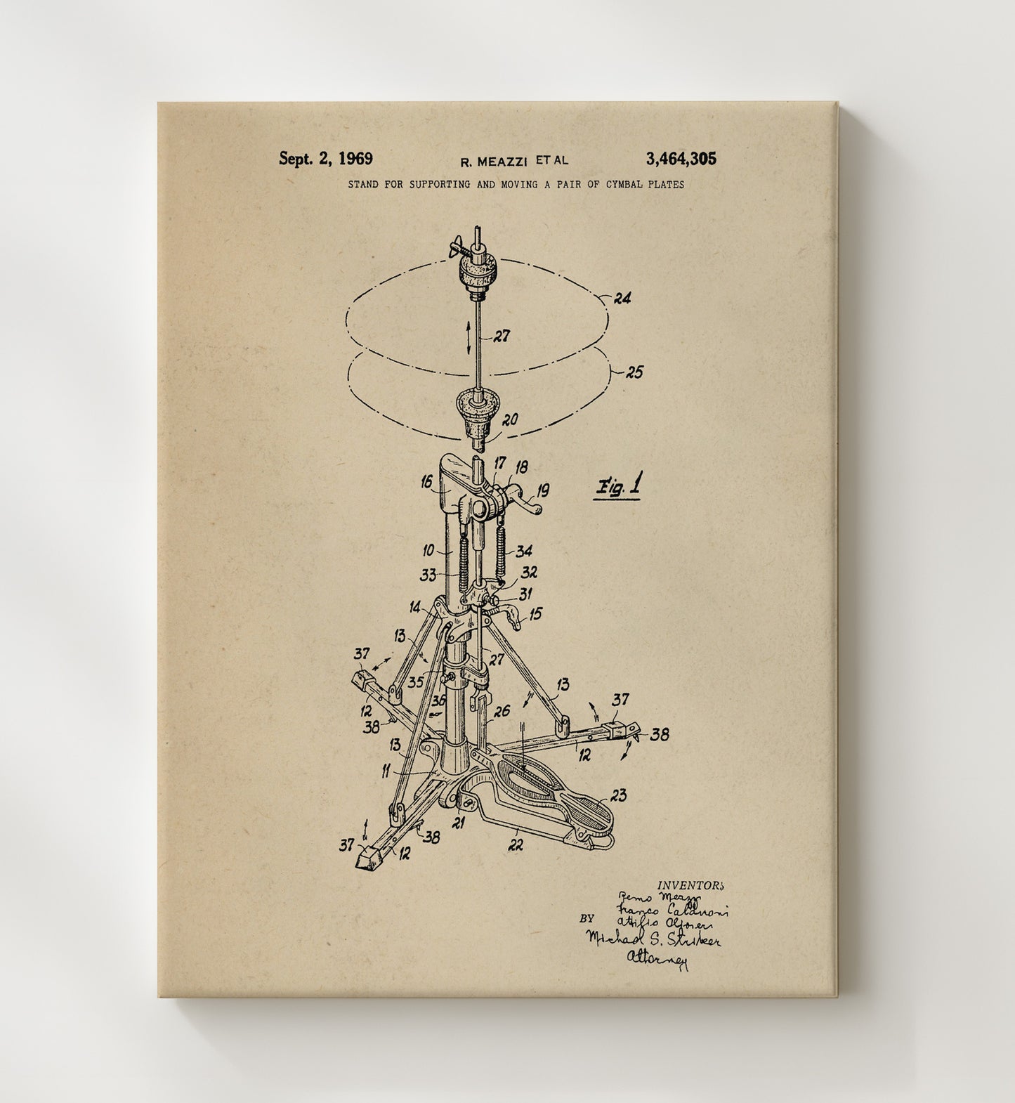 Patent Print - Stand For Supporting And Moving A Pair Of Cymbal Plates - Remo Meazzi Et Al - 1969 - Patent 3464305 Patent Wall Art