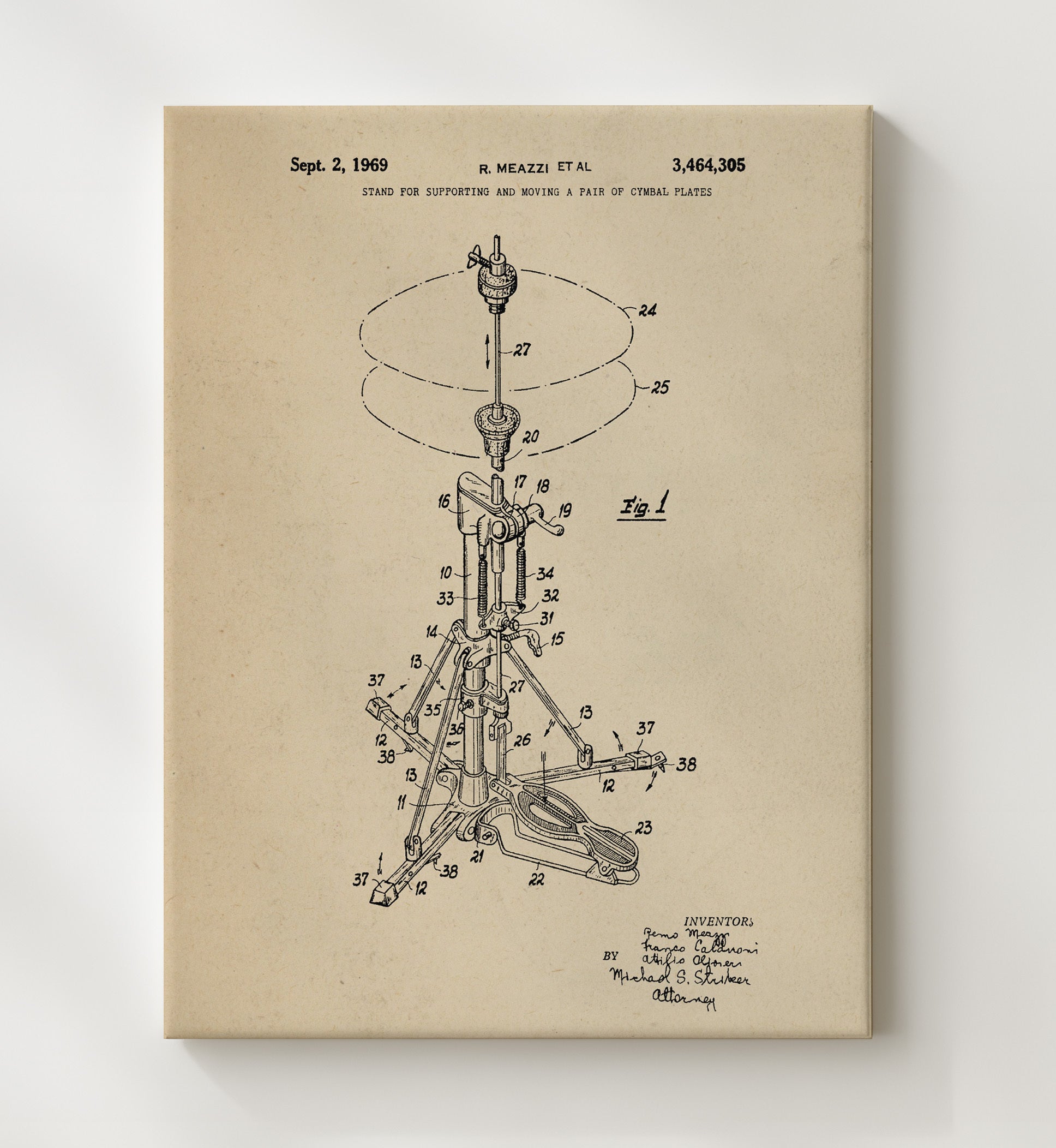 Patent Print - Stand For Supporting And Moving A Pair Of Cymbal Plates - Remo Meazzi Et Al - 1969 - Patent 3464305 Patent Wall Art