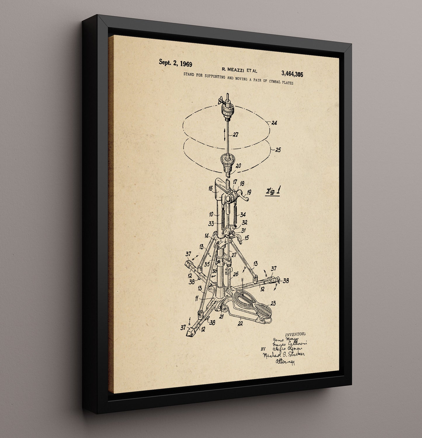 Patent Print - Stand For Supporting And Moving A Pair Of Cymbal Plates - Remo Meazzi Et Al - 1969 - Patent 3464305 Patent Wall Art