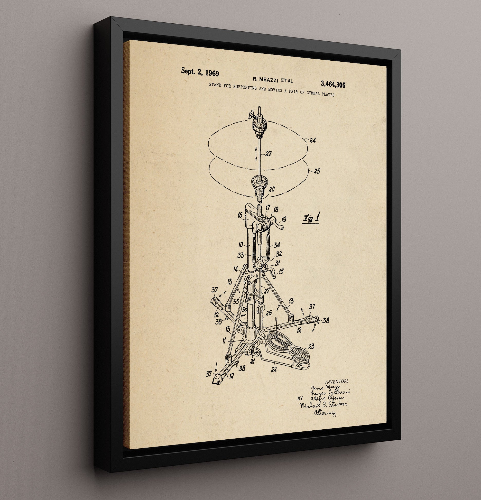 Patent Print - Stand For Supporting And Moving A Pair Of Cymbal Plates - Remo Meazzi Et Al - 1969 - Patent 3464305 Patent Wall Art