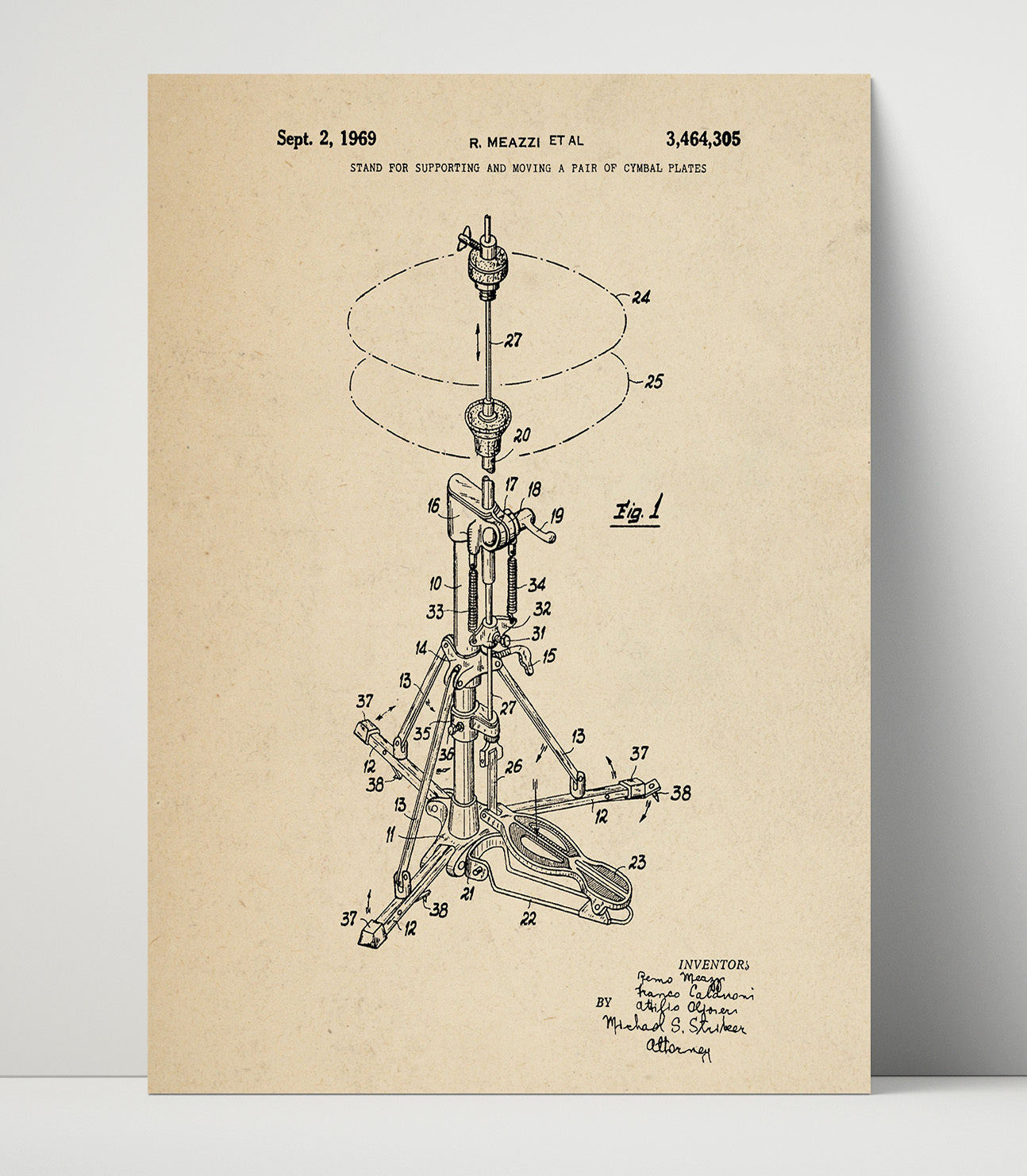 Patent Print - Stand For Supporting And Moving A Pair Of Cymbal Plates - Remo Meazzi Et Al - 1969 - Patent 3464305 Patent Wall Art