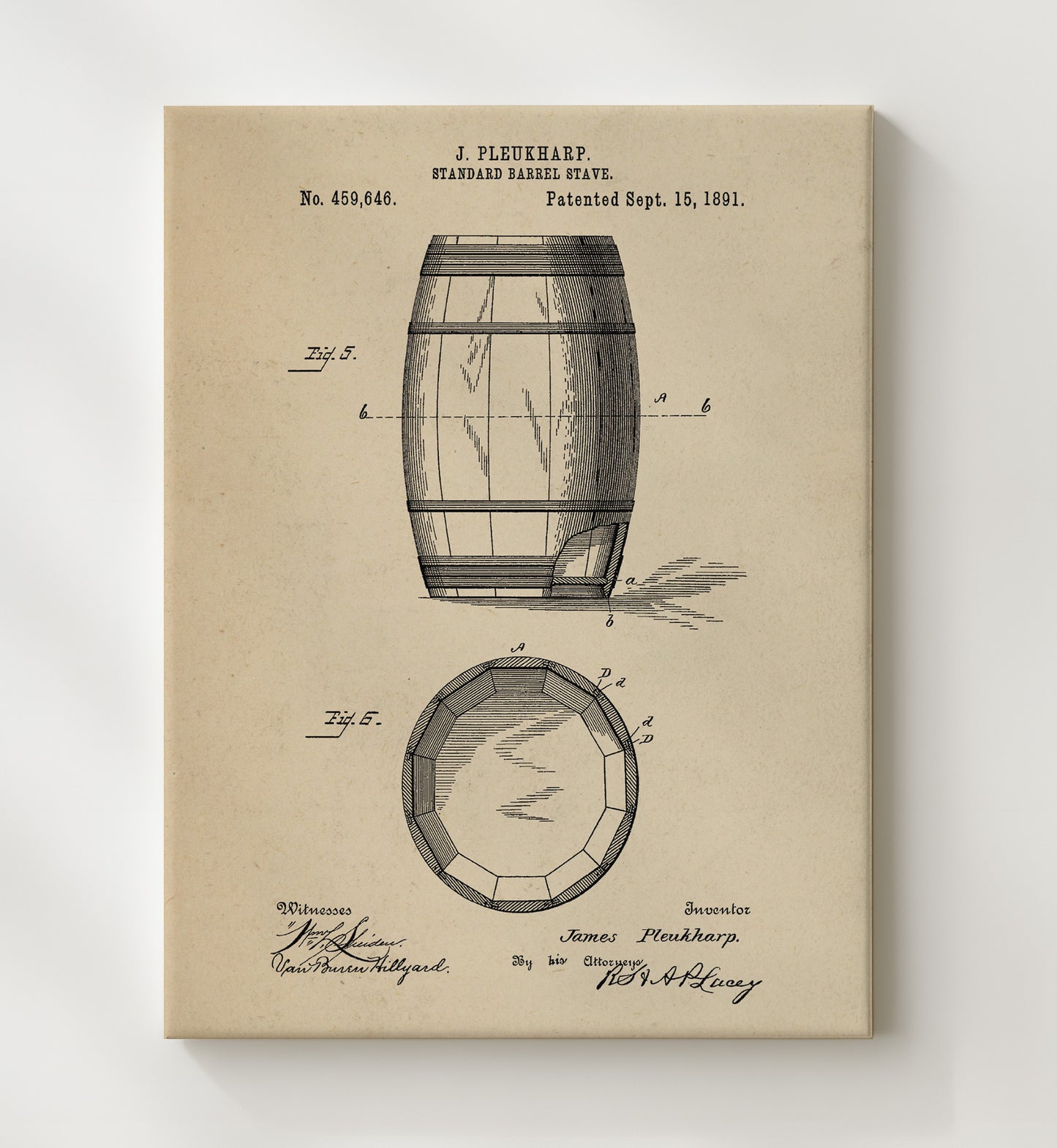 Patent Print - Standard Barrel Stave - J. Pleukharp - 1891 - Patent 459646 Patent Wall Art