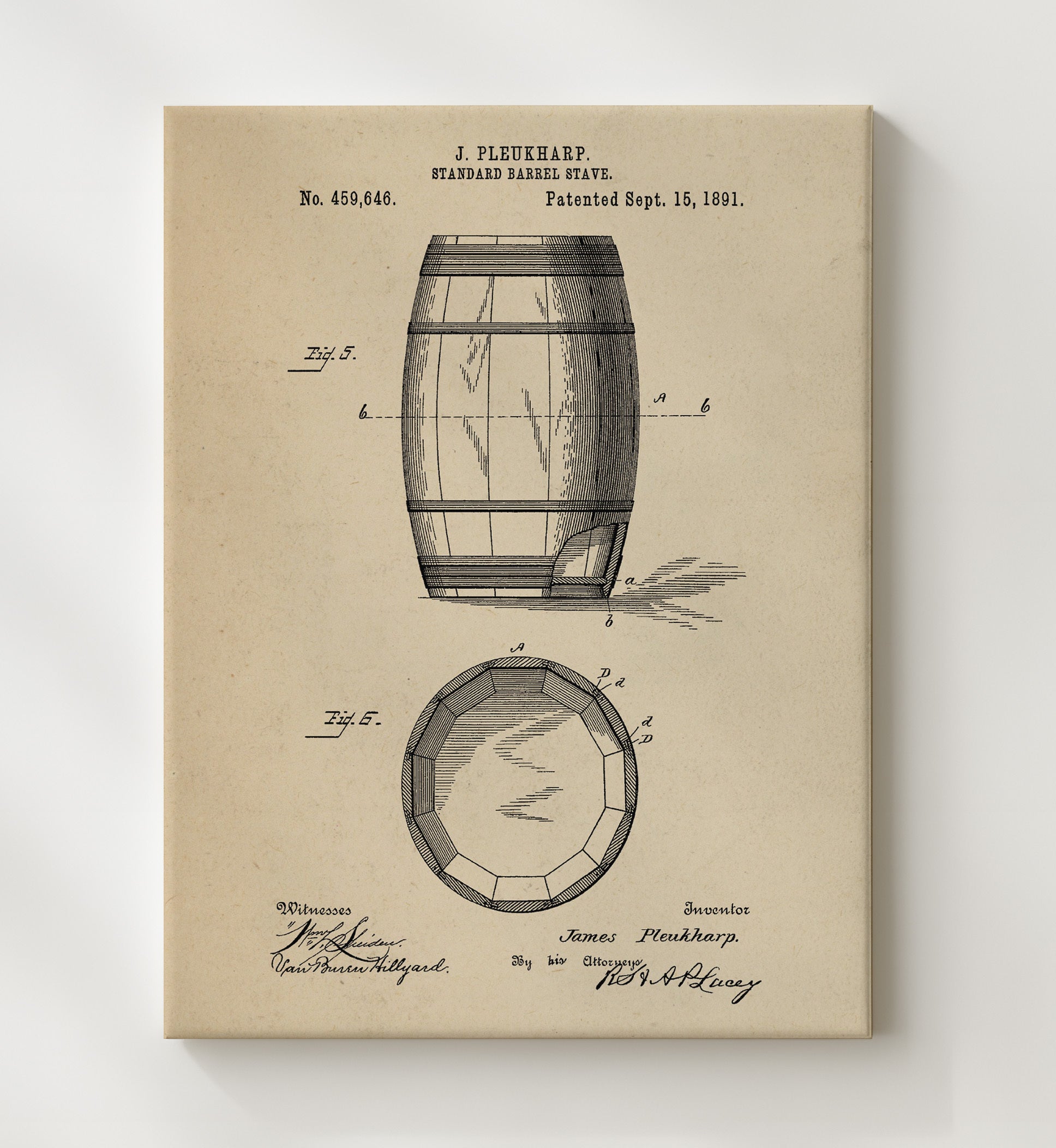 Patent Print - Standard Barrel Stave - J. Pleukharp - 1891 - Patent 459646 Patent Wall Art