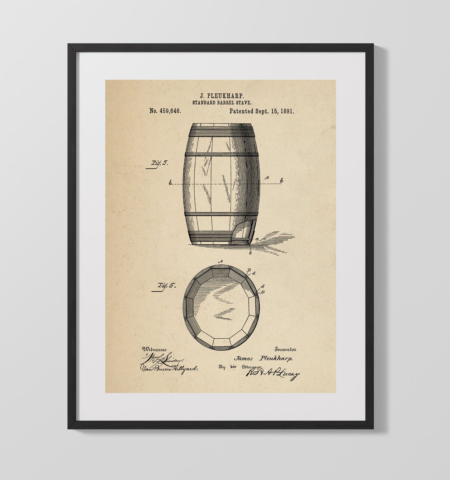 Patent Print - Standard Barrel Stave - J. Pleukharp - 1891 - Patent 459646 Patent Wall Art