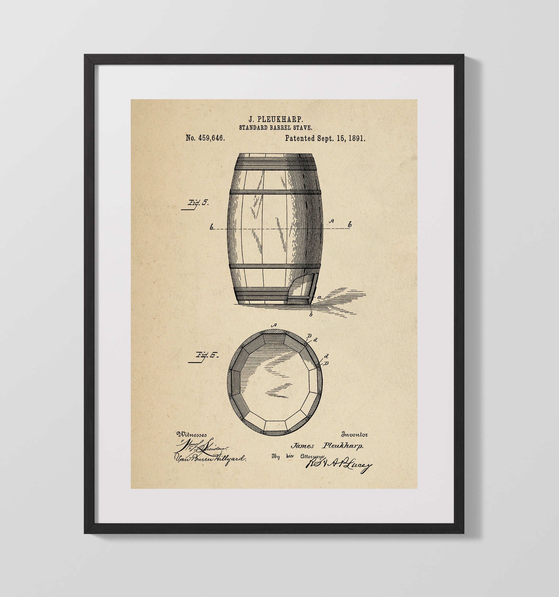 Patent Print - Standard Barrel Stave - J. Pleukharp - 1891 - Patent 459646 Patent Wall Art