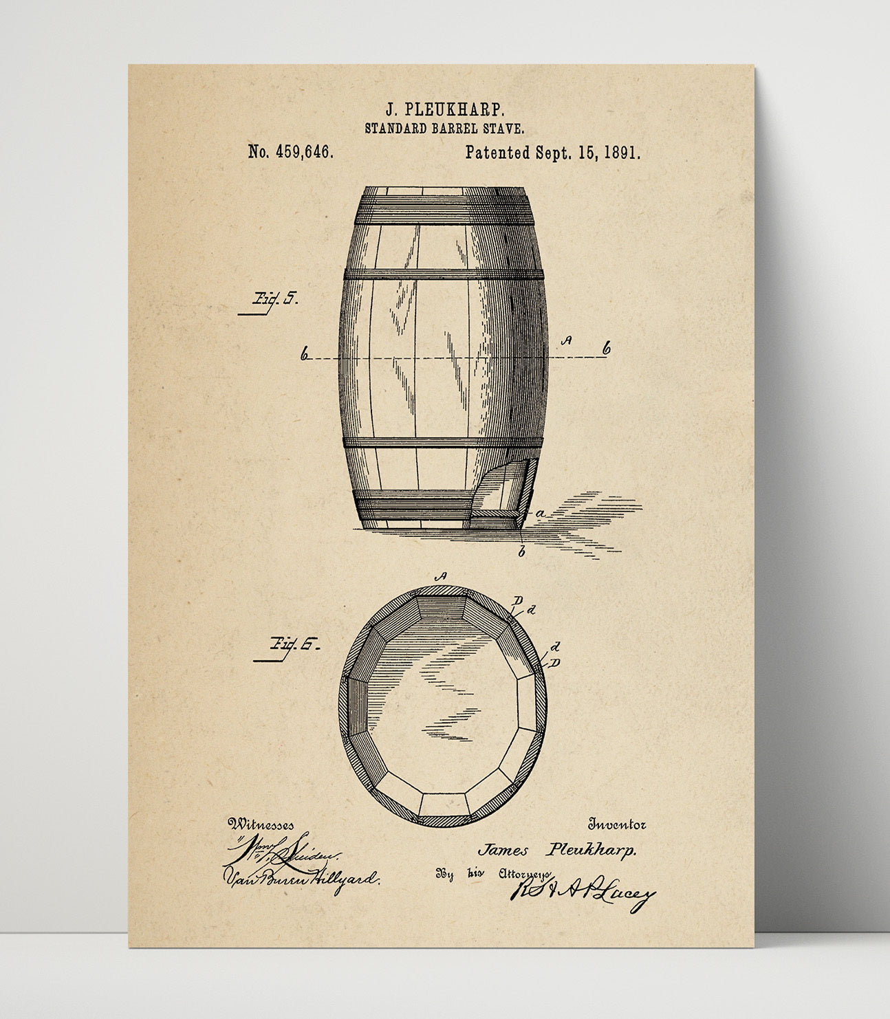 Patent Print - Standard Barrel Stave - J. Pleukharp - 1891 - Patent 459646 Patent Wall Art