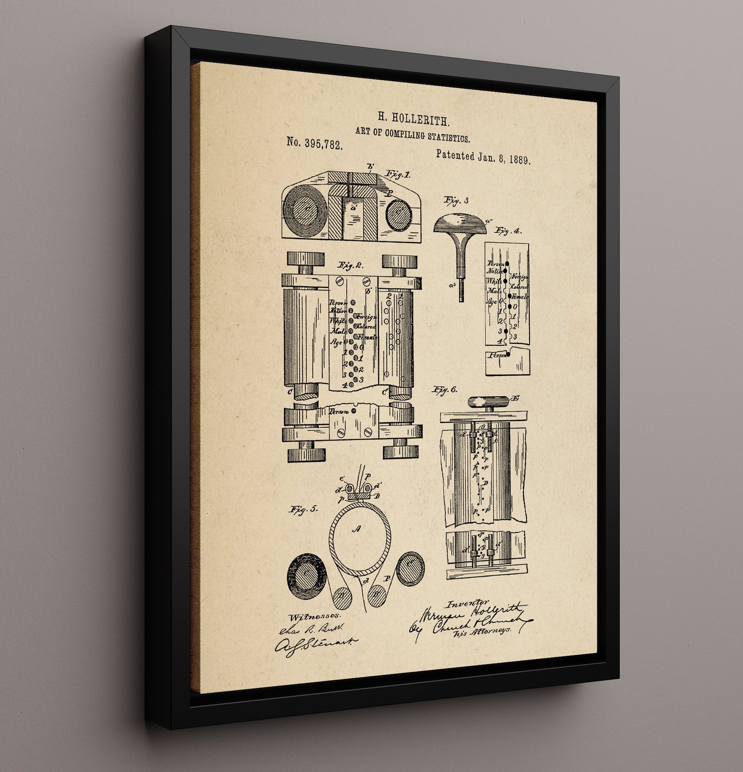 Patent Print - Statistical Tabulating System - Herman Hollerith - 1889 - Patent 395782 Patent Wall Art