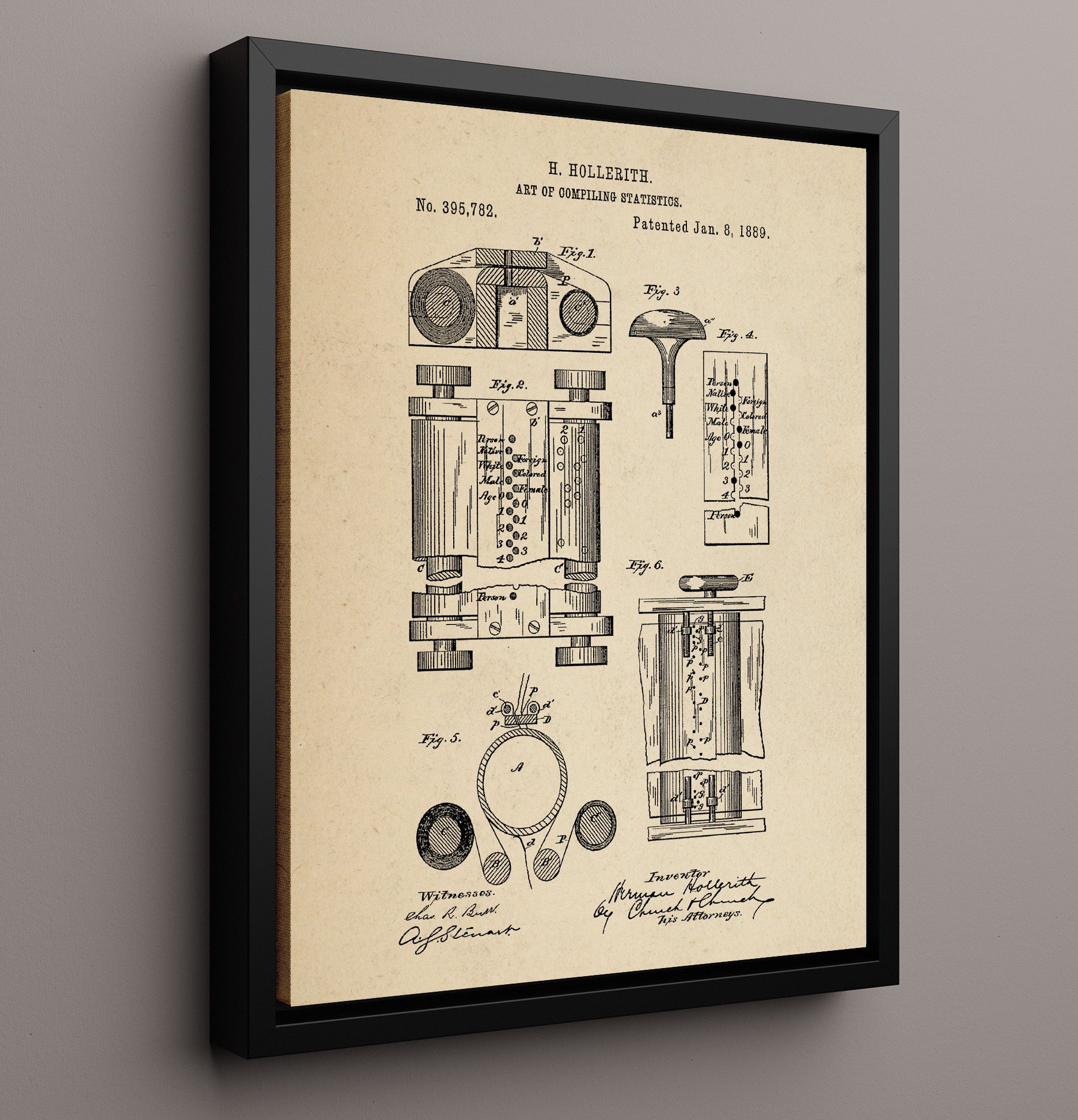 Patent Print - Statistical Tabulating System - Herman Hollerith - 1889 - Patent 395782 Patent Wall Art