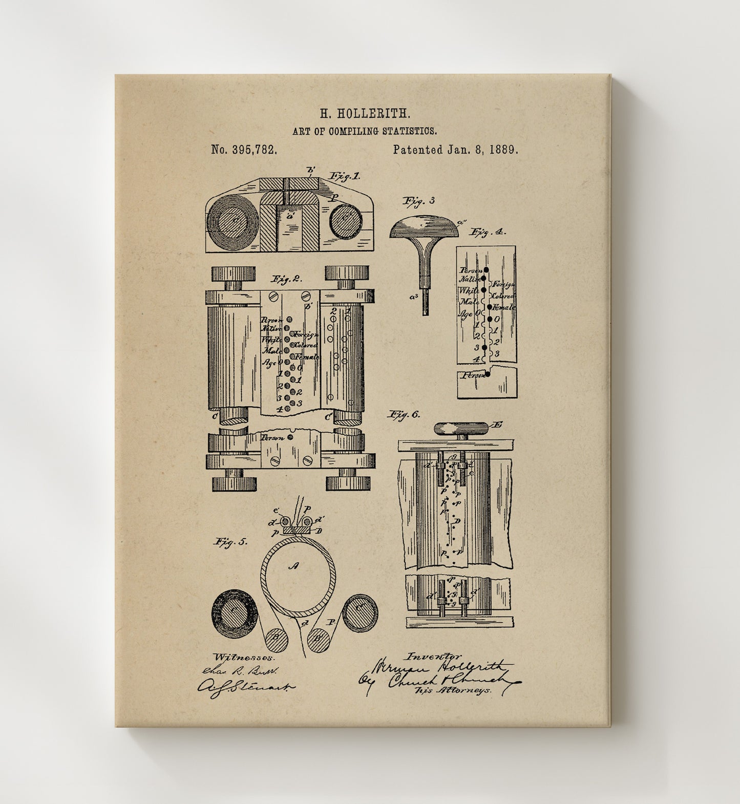 Patent Print - Statistical Tabulating System - Herman Hollerith - 1889 - Patent 395782 Patent Wall Art