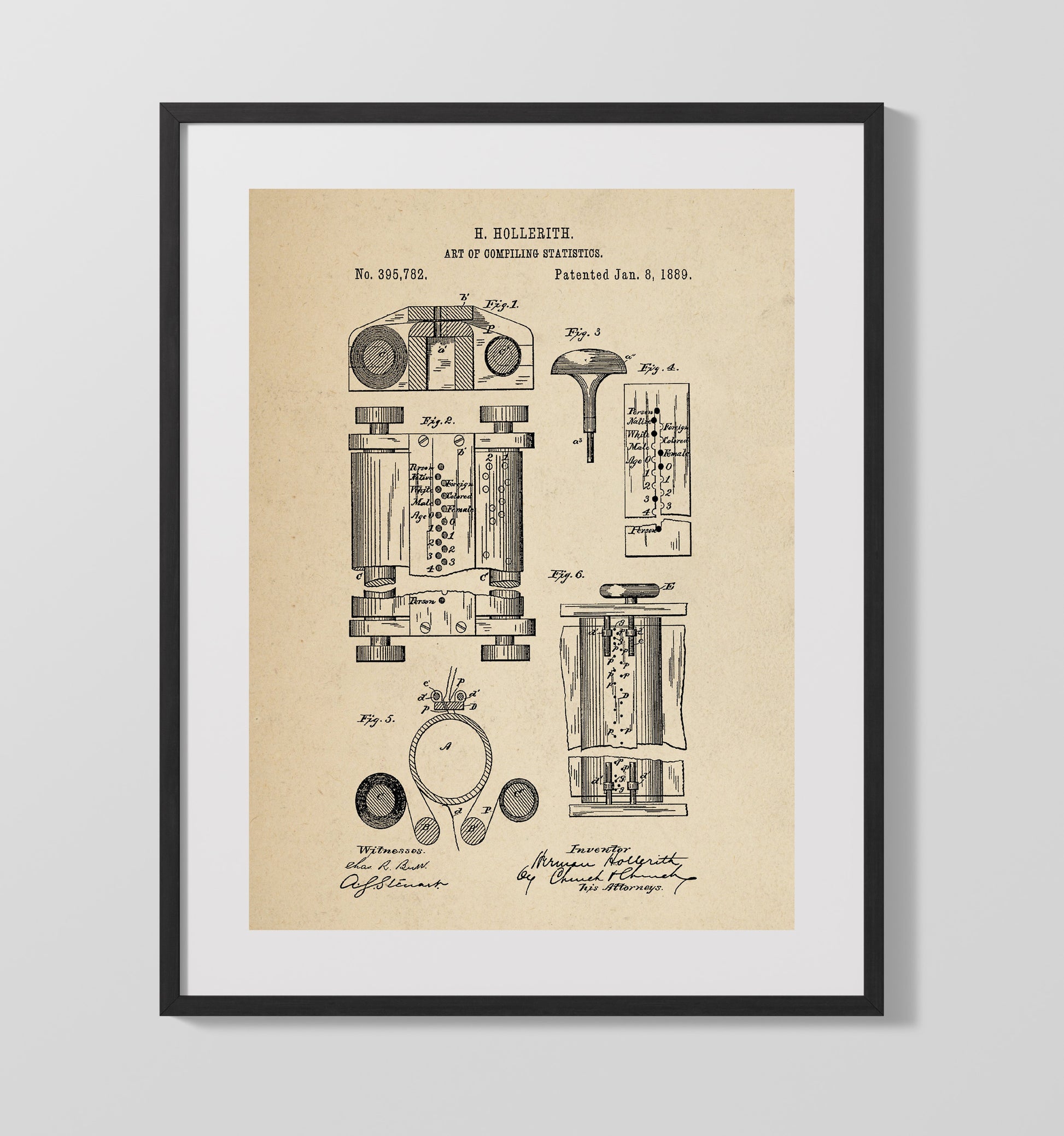 Patent Print - Statistical Tabulating System - Herman Hollerith - 1889 - Patent 395782 Patent Wall Art