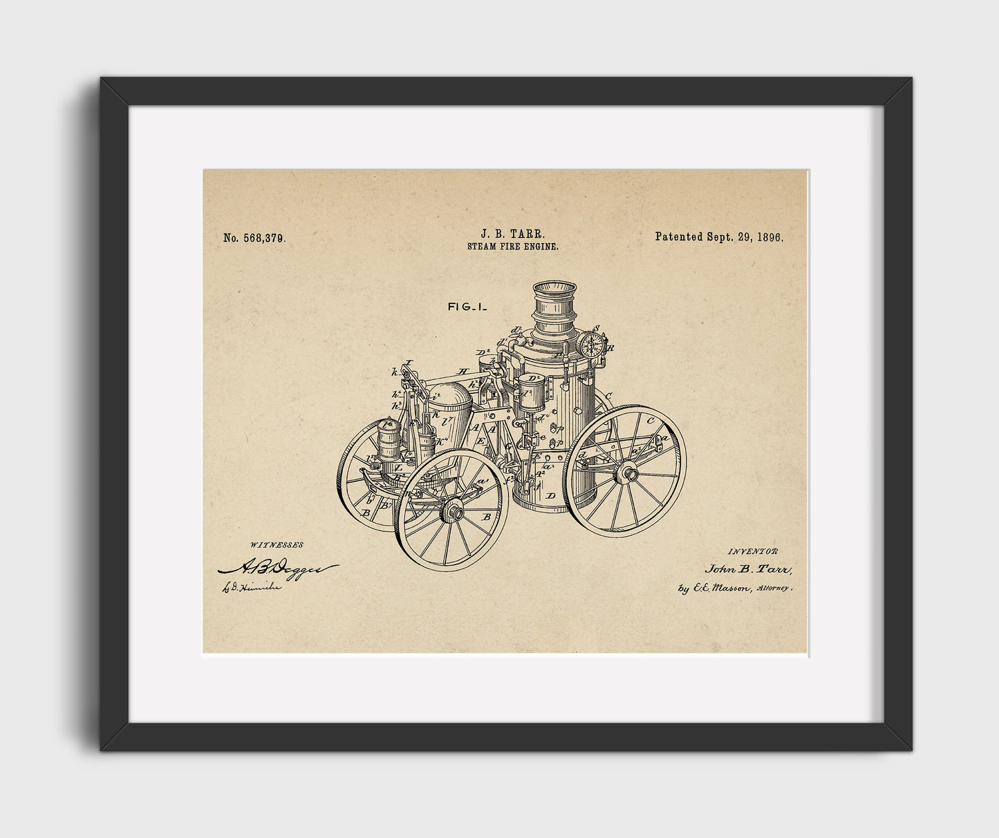 Patent Print - Steam Fire Engine - John B Tarr - 1896 - Patent 568379 - Landscape Patent Wall Art