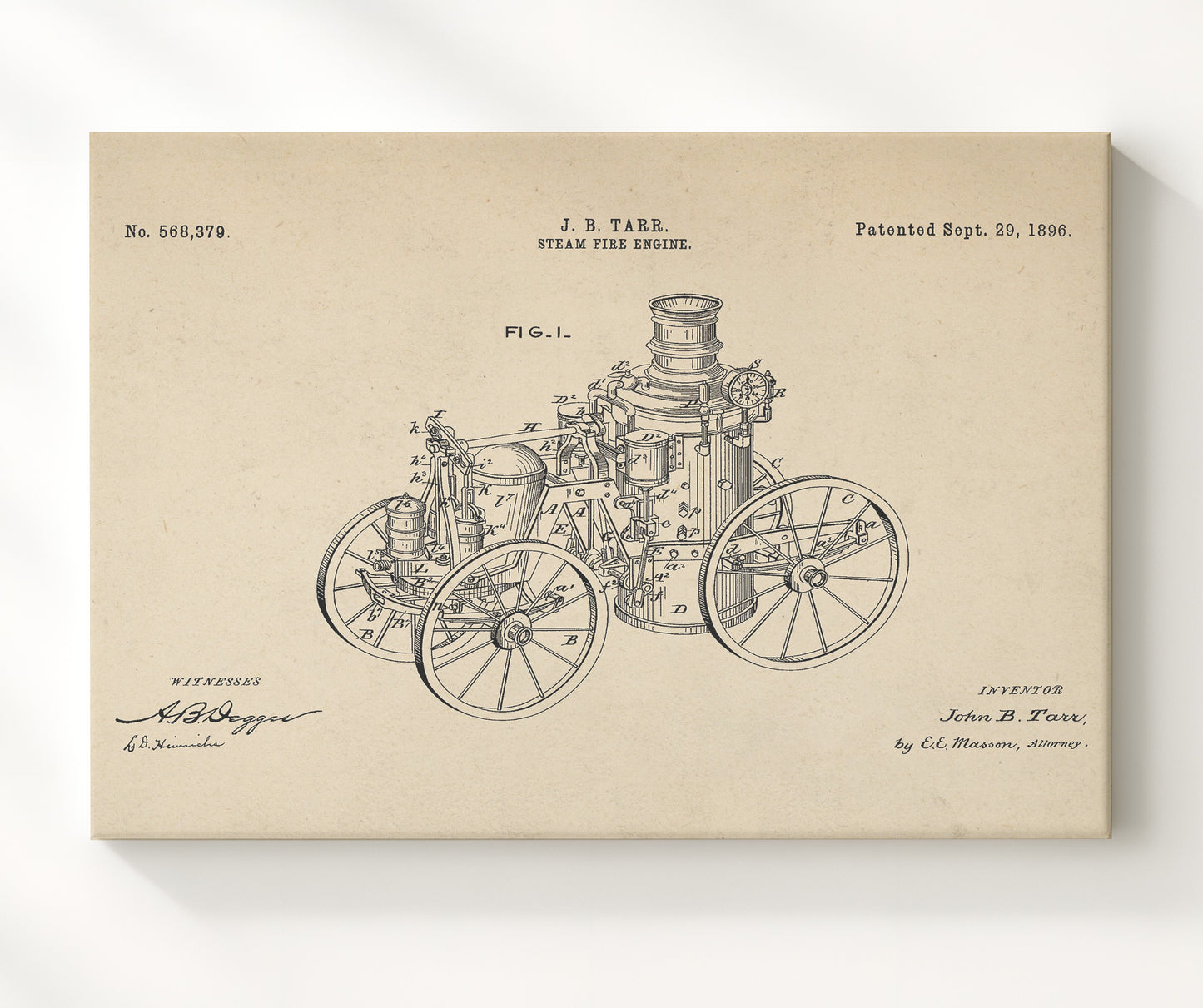 Patent Print - Steam Fire Engine - John B Tarr - 1896 - Patent 568379 - Landscape Patent Wall Art