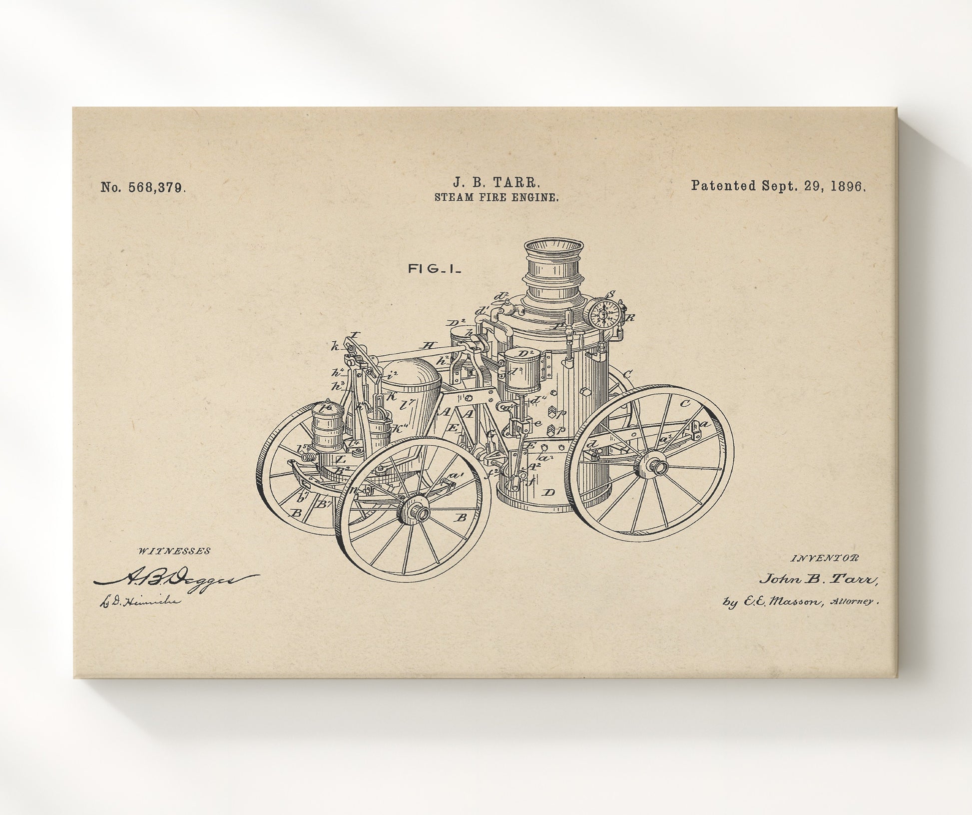 Patent Print - Steam Fire Engine - John B Tarr - 1896 - Patent 568379 - Landscape Patent Wall Art