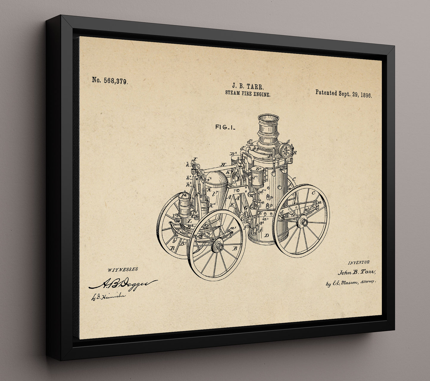 Patent Print - Steam Fire Engine - John B Tarr - 1896 - Patent 568379 - Landscape Patent Wall Art